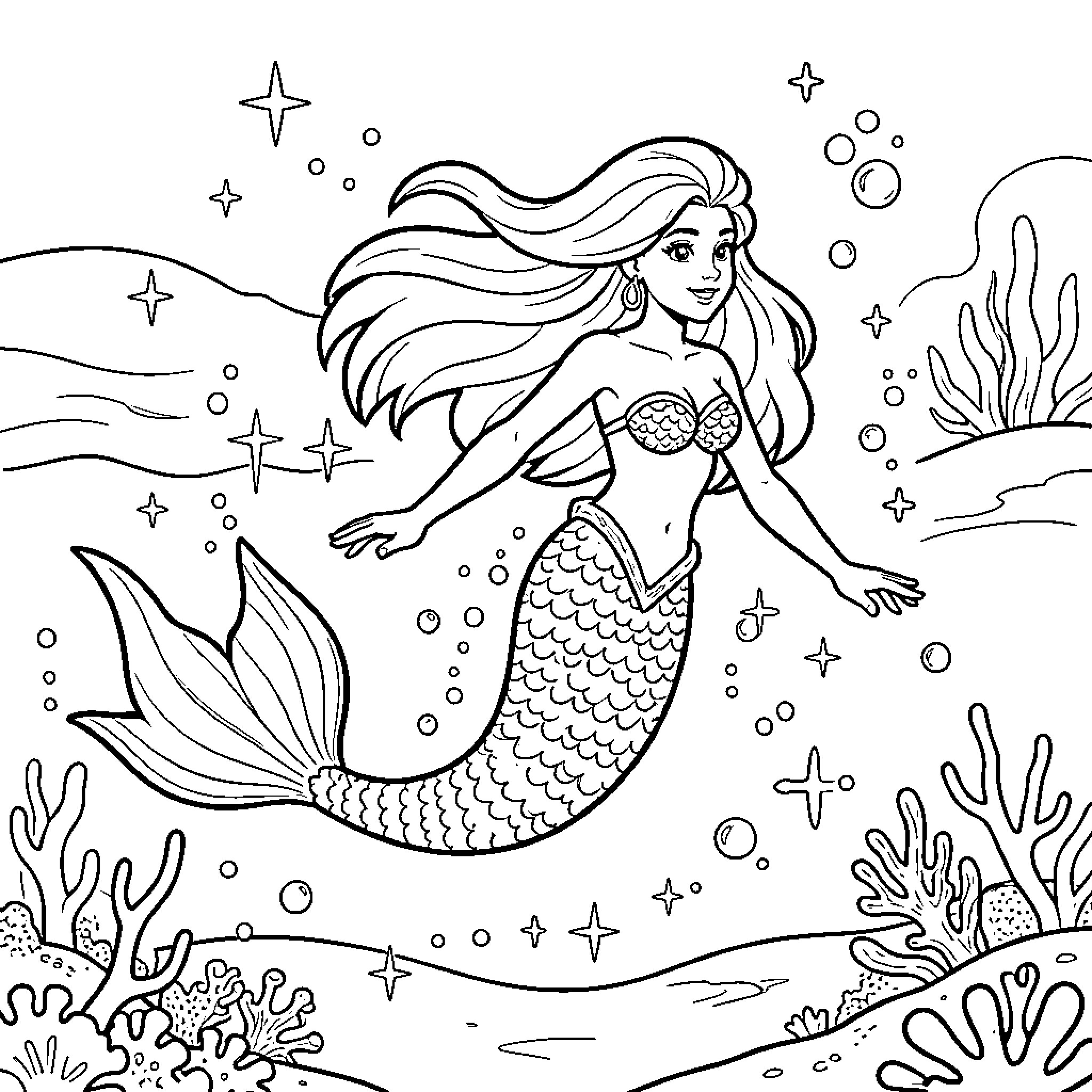 Ariel the Mermaid swimming through an underwater wonderland Coloring Page (free black-and-white line drawing printable PDF for all, from beginners to advanced learners, including children, teens, adults, and seniors)
