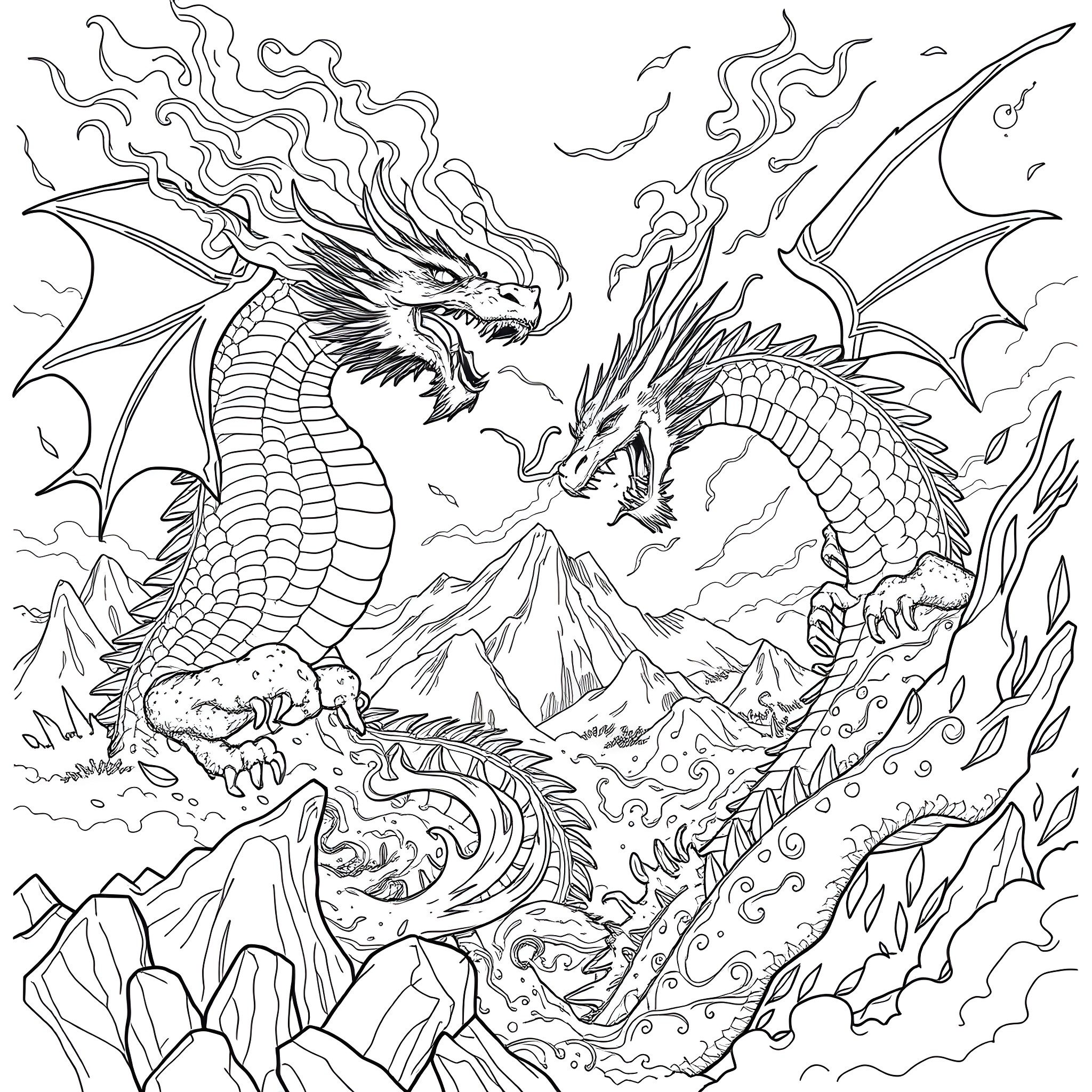 Dragon Duo Battling Amidst Fiery Landscapes Coloring Page (free black-and-white line drawing printable PDF for all, from beginners to advanced learners, including children, teens, adults, and seniors)