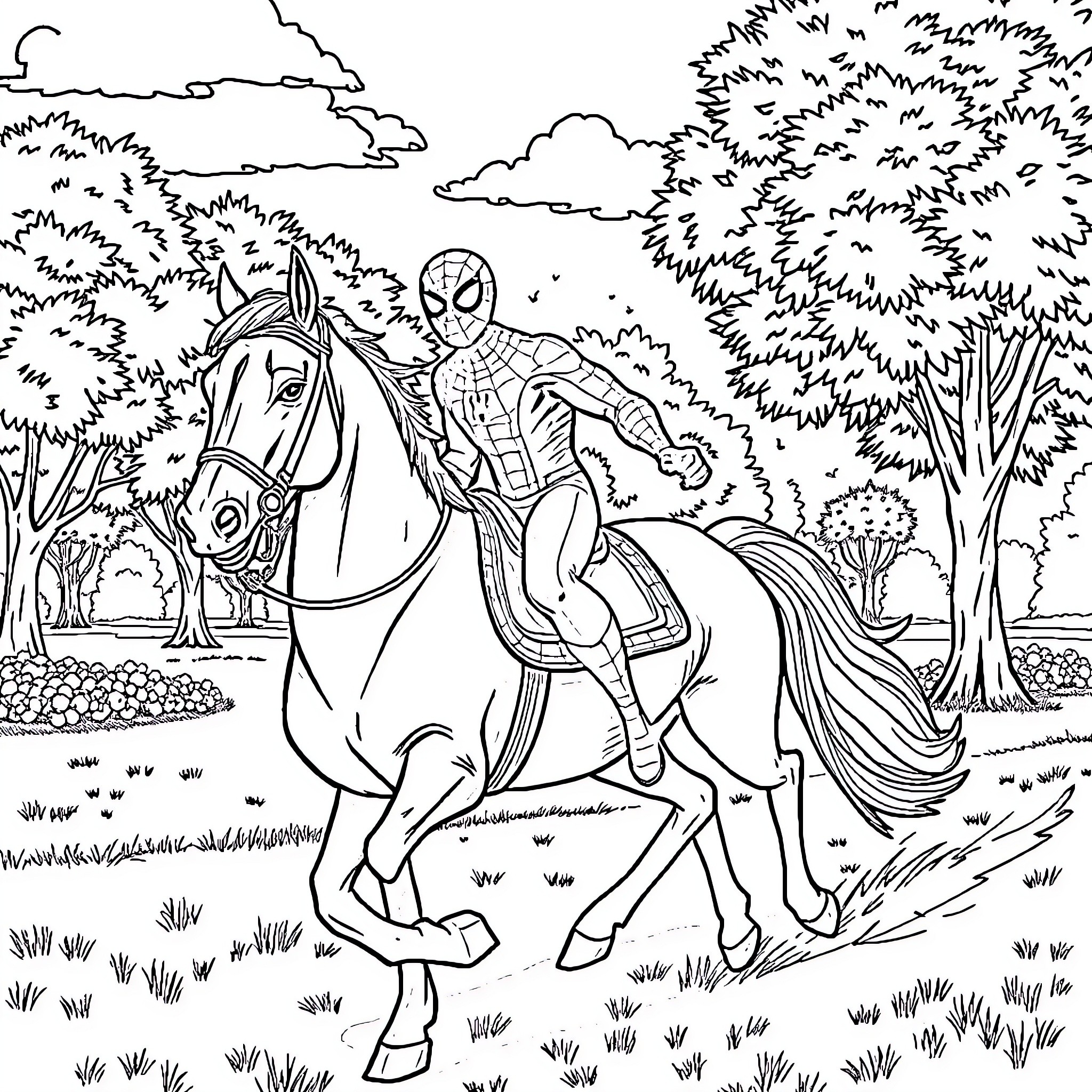 Spiderman riding a horse through a forest Coloring Page (free black-and-white line drawing printable PDF for all, from beginners to advanced learners, including children, teens, adults, and seniors)