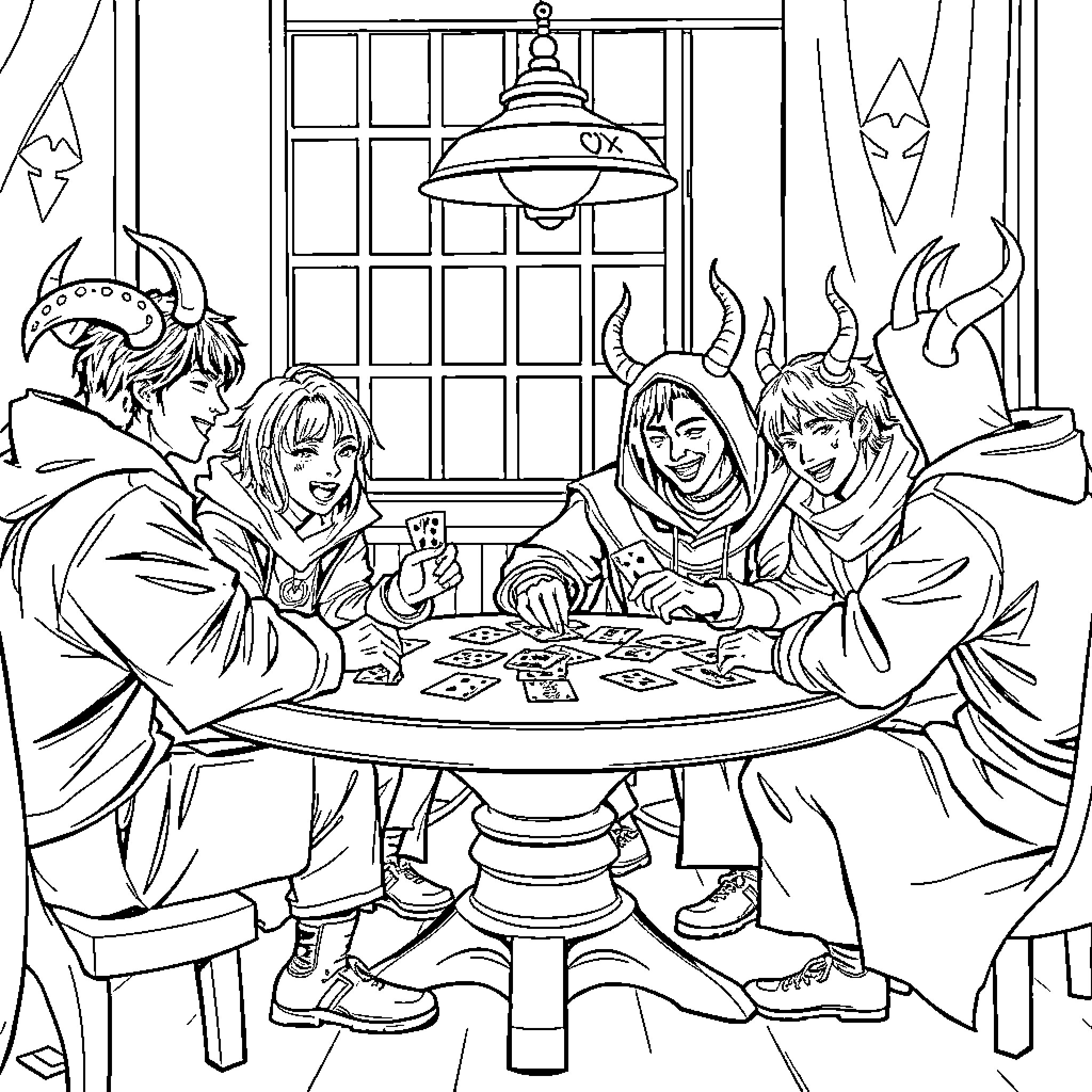 Demon Hunters playing cards in cozy interior Coloring Page (free black-and-white line drawing printable PDF for all, from beginners to advanced learners, including children, teens, adults, and seniors)