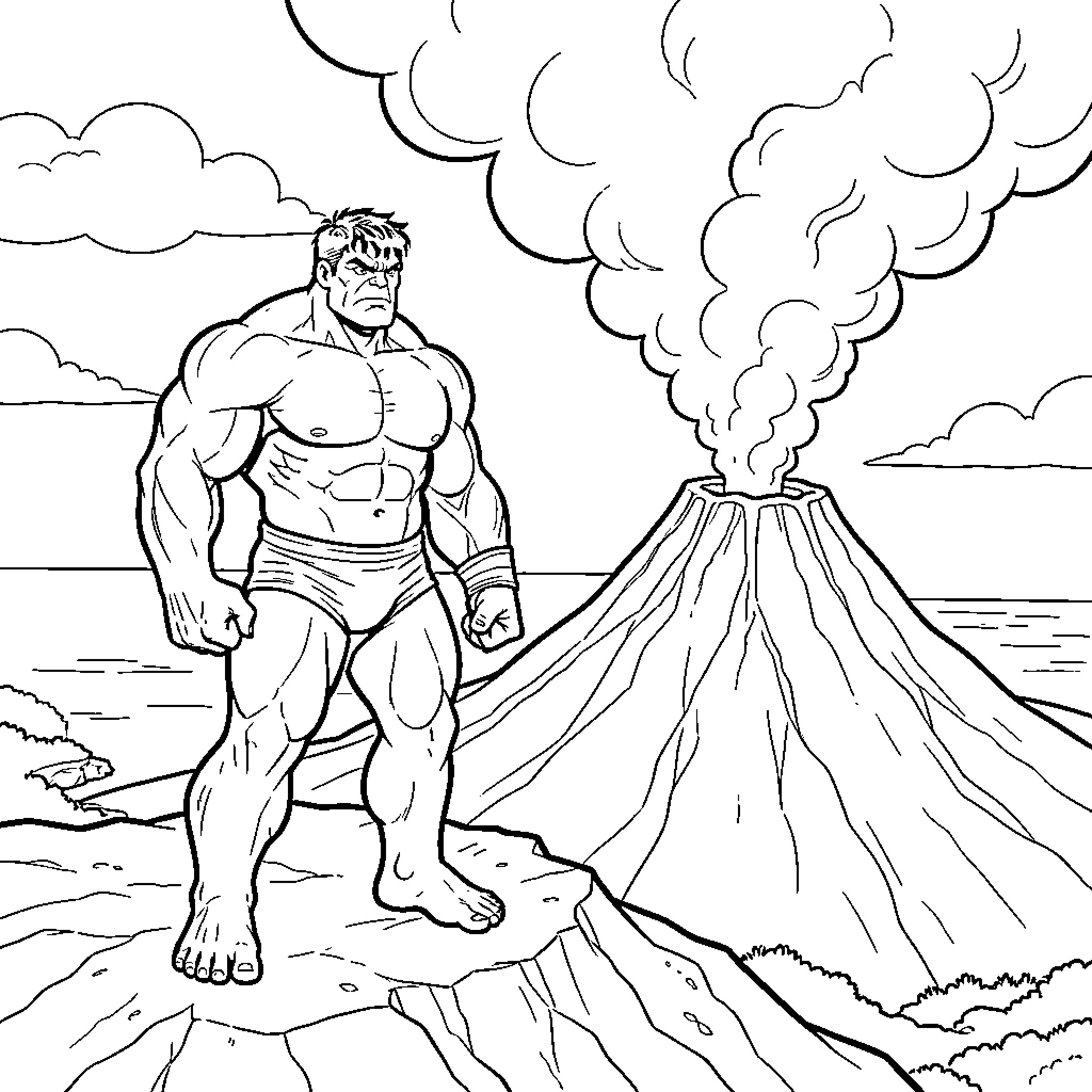 Hulk standing heroically near an erupting volcano Coloring Page (free black-and-white line drawing printable PDF for all, from beginners to advanced learners, including children, teens, adults, and seniors)