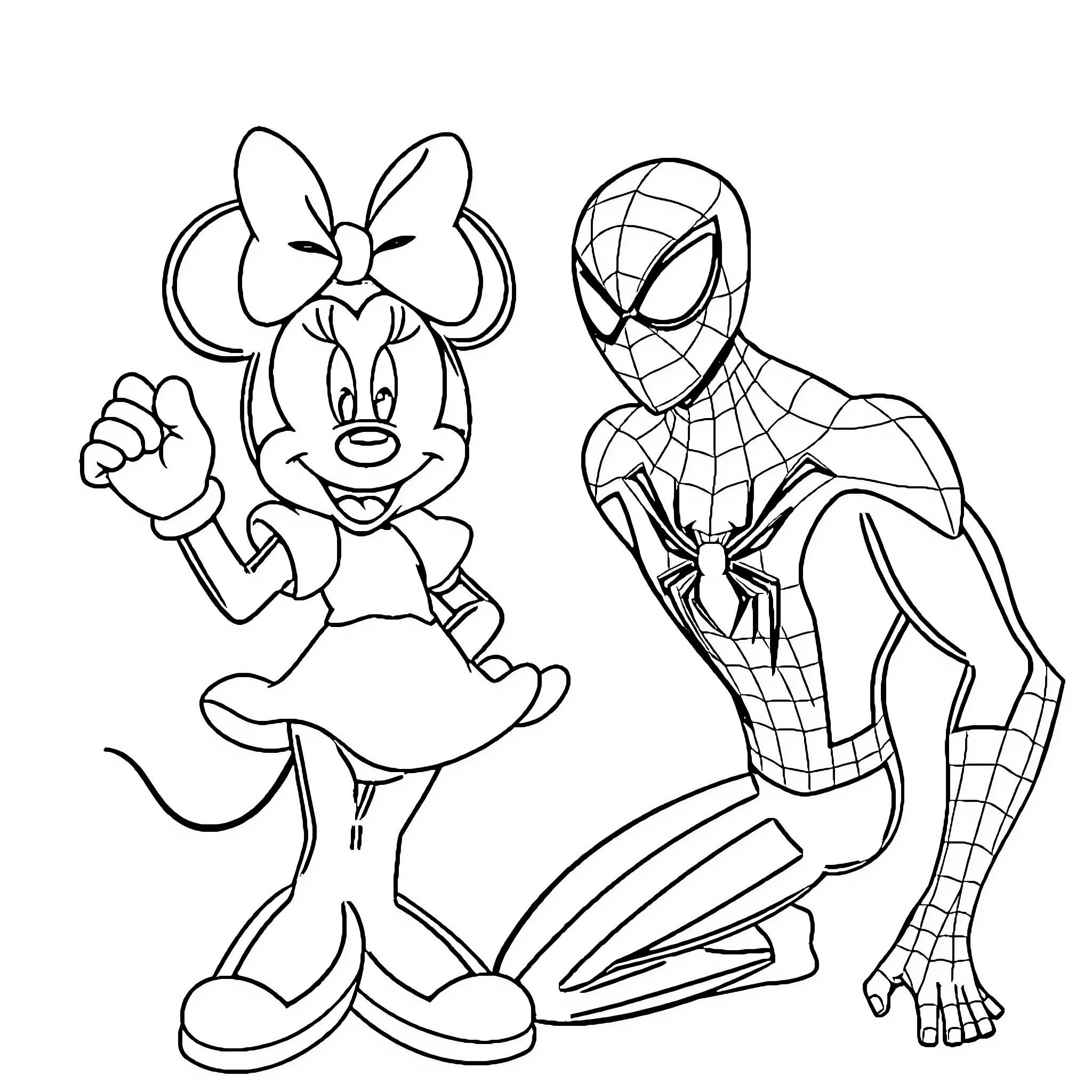 Minnie and Spider-Man in Playful Poses Coloring Page (free black-and-white line drawing printable PDF for all, from beginners to advanced learners, including children, teens, adults, and seniors)
