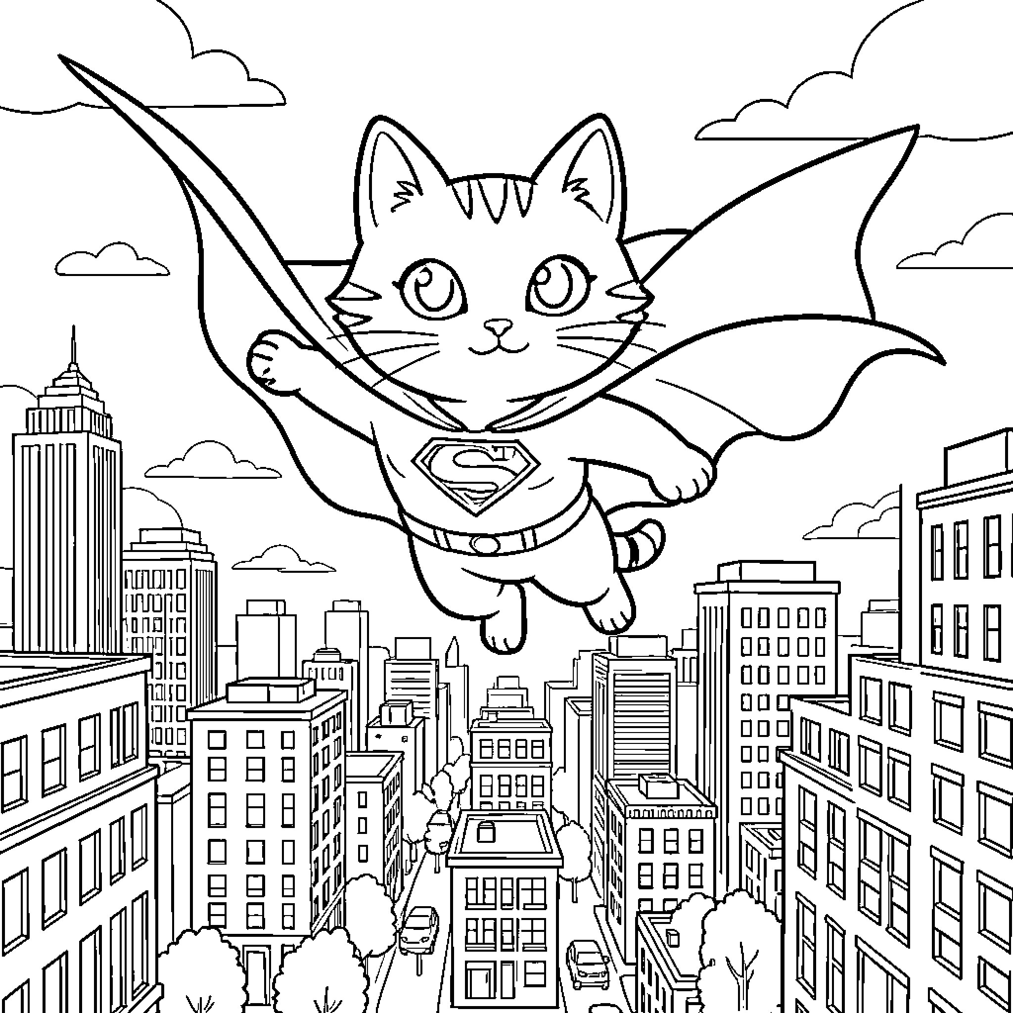 Superhero Cat soaring over the city skyline Coloring Page (free black-and-white line drawing printable PDF for all, from beginners to advanced learners, including children, teens, adults, and seniors)