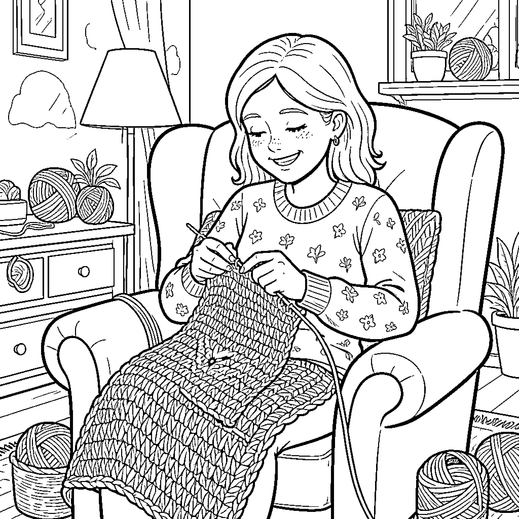 Crochet Cozy Crafting in Comfortable Room Coloring Page (free black-and-white line drawing printable PDF for all, from beginners to advanced learners, including children, teens, adults, and seniors)