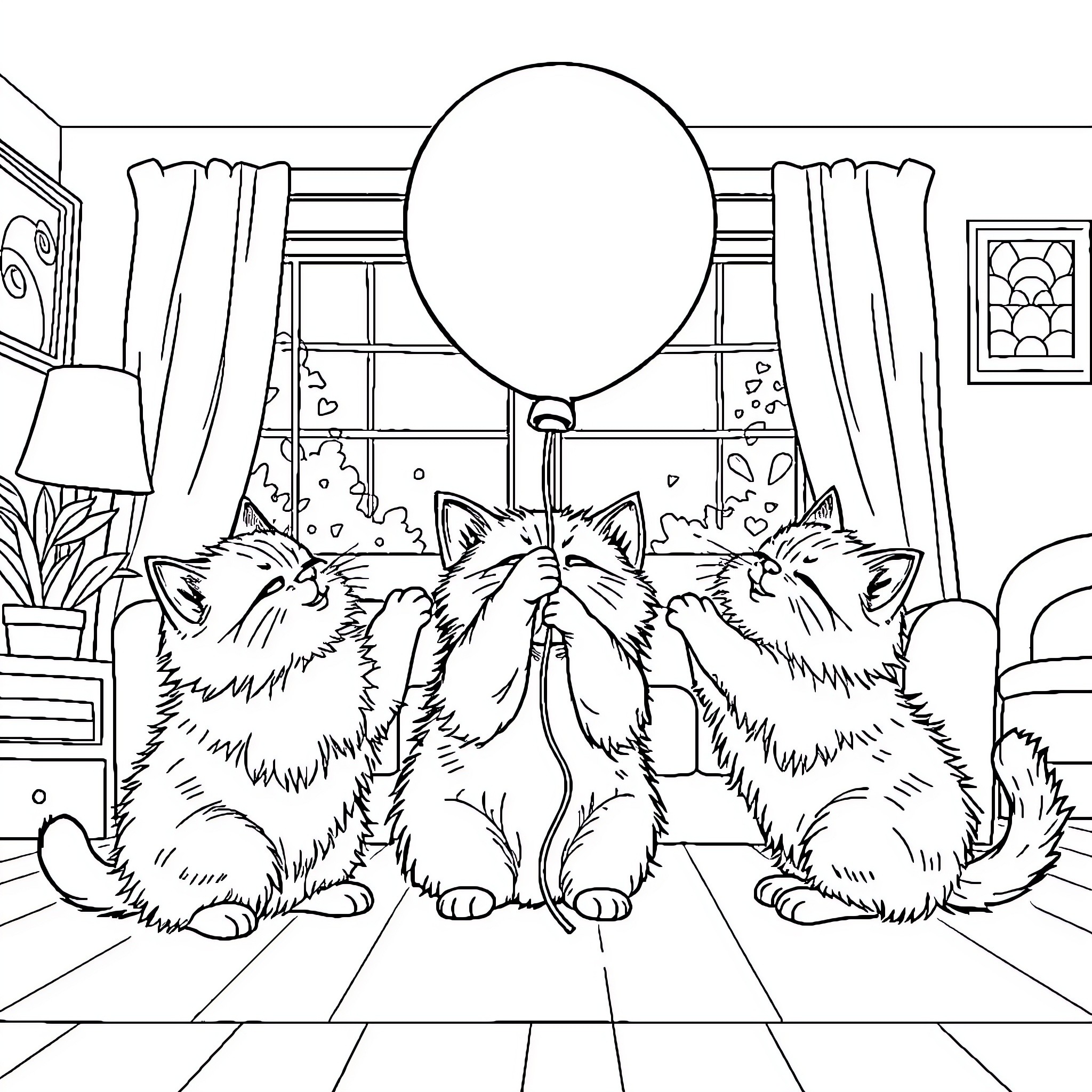 Cat Kittens Gather Around Balloon in Indoor Scene Coloring Page (free black-and-white line drawing printable PDF for all, from beginners to advanced learners, including children, teens, adults, and seniors)