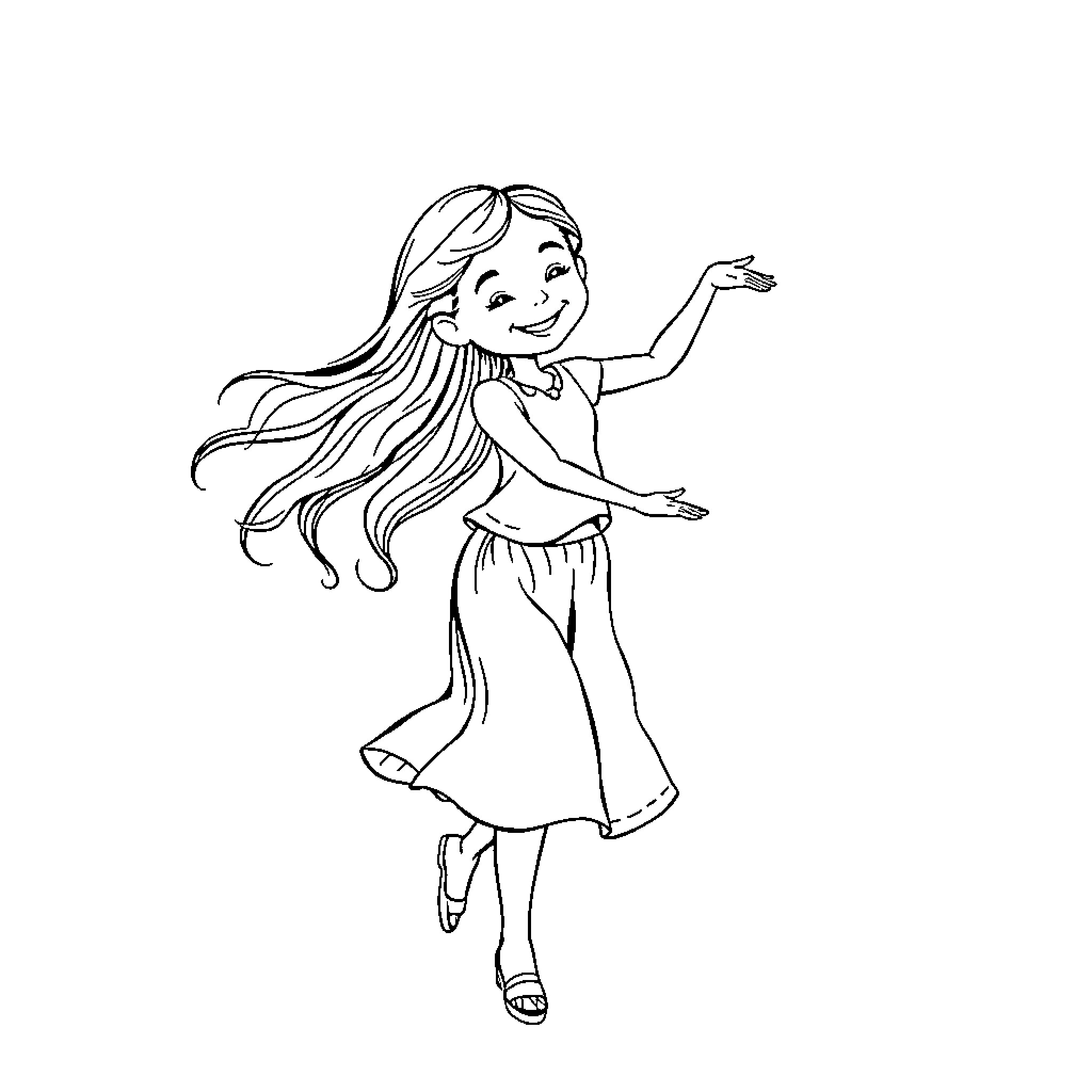 Girl dancing joyfully with flowing dress Coloring Page (free black-and-white line drawing printable PDF for all, from beginners to advanced learners, including children, teens, adults, and seniors)