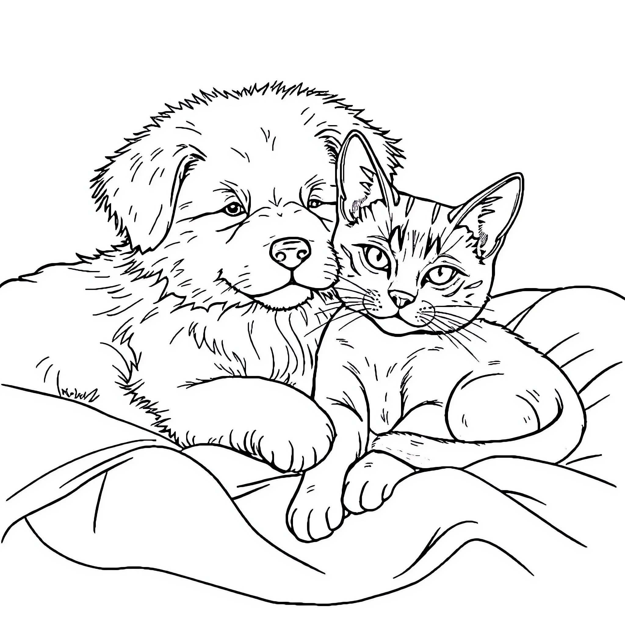 Dog and Cat Cuddling Together Coloring Page (free black-and-white line drawing printable PDF for all, from beginners to advanced learners, including children, teens, adults, and seniors)
