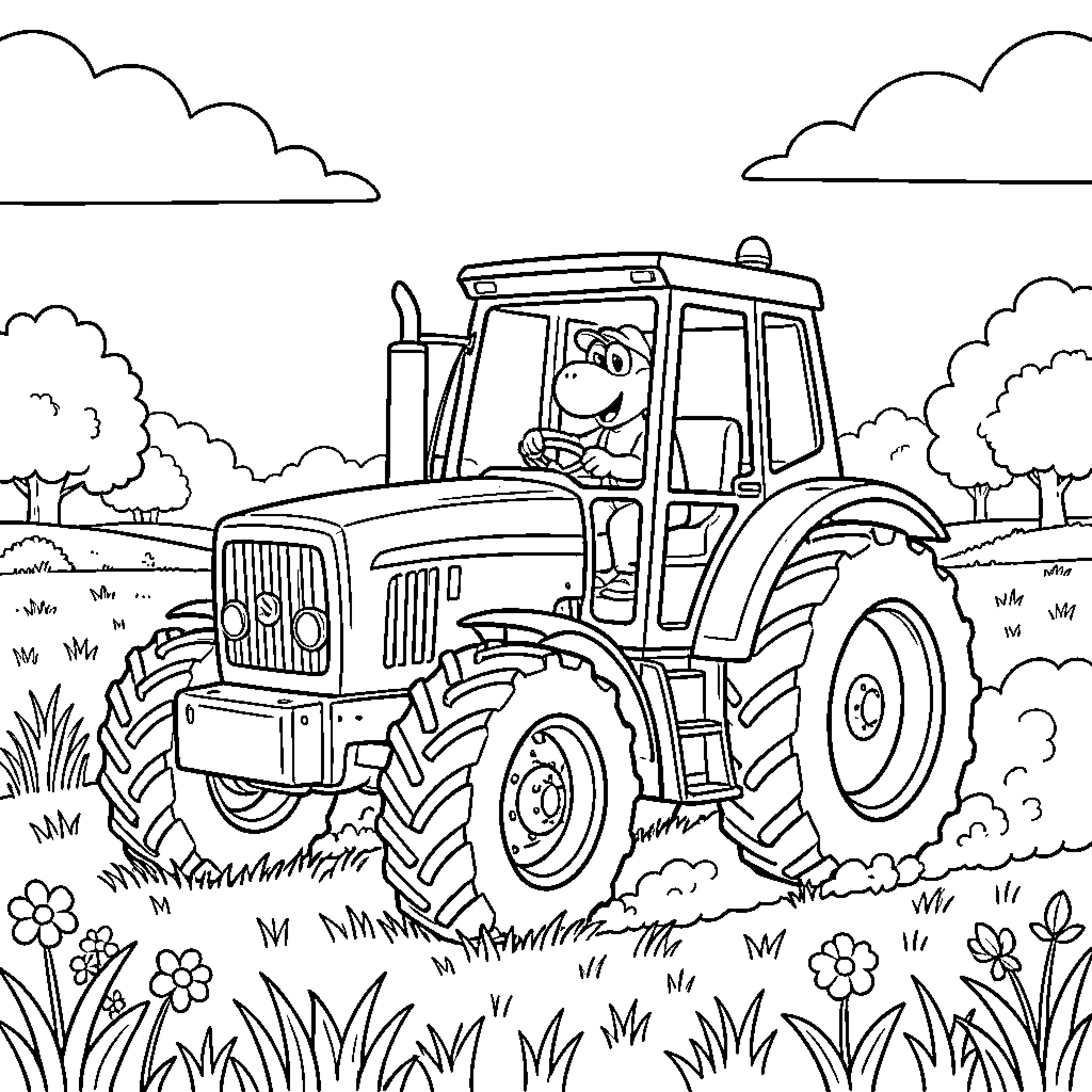 Yoshi's Tractor Adventure in the Countryside Coloring Page (free black-and-white line drawing printable PDF for all, from beginners to advanced learners, including children, teens, adults, and seniors)