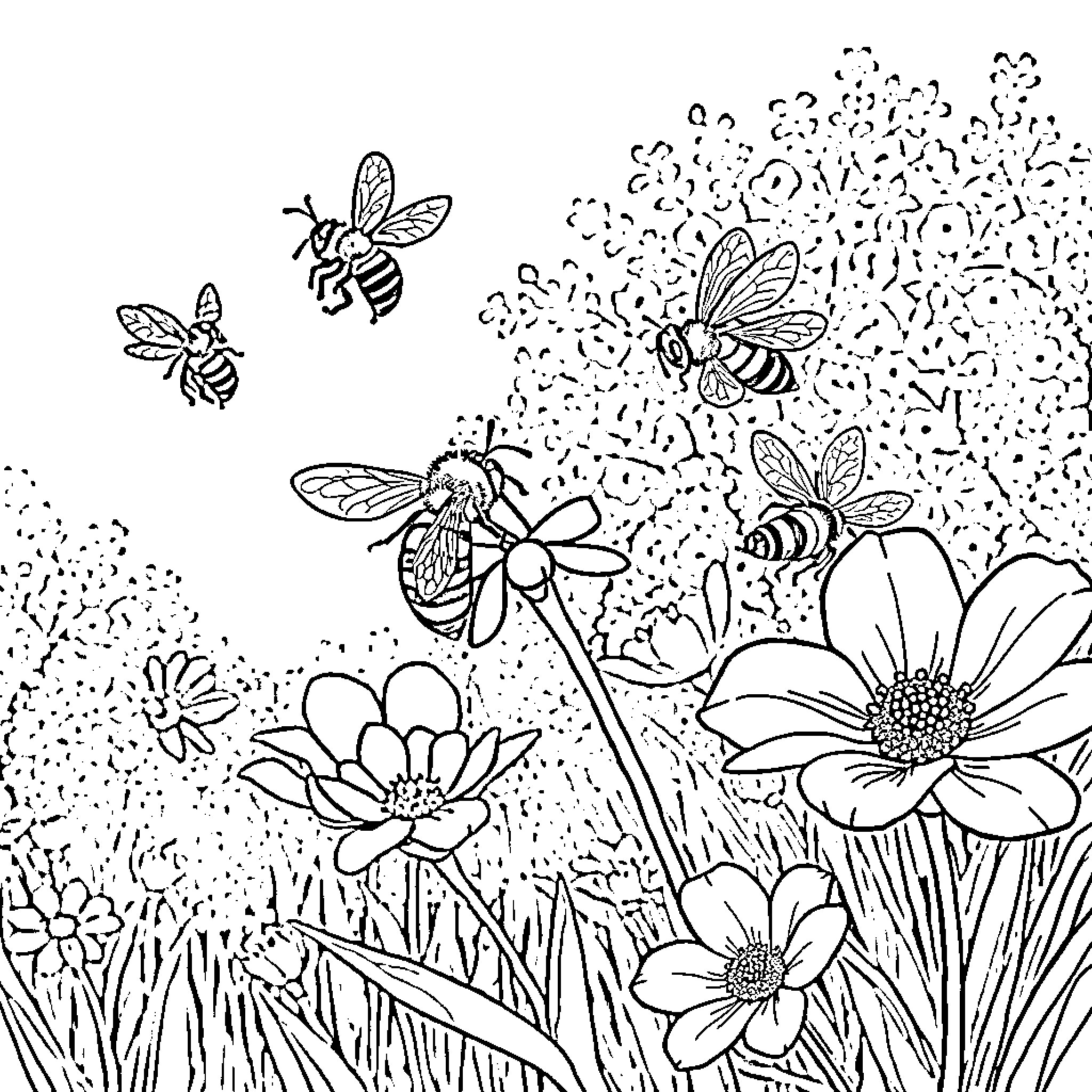 Bee exploring floral garden Coloring Page (free black-and-white line drawing printable PDF for all, from beginners to advanced learners, including children, teens, adults, and seniors)