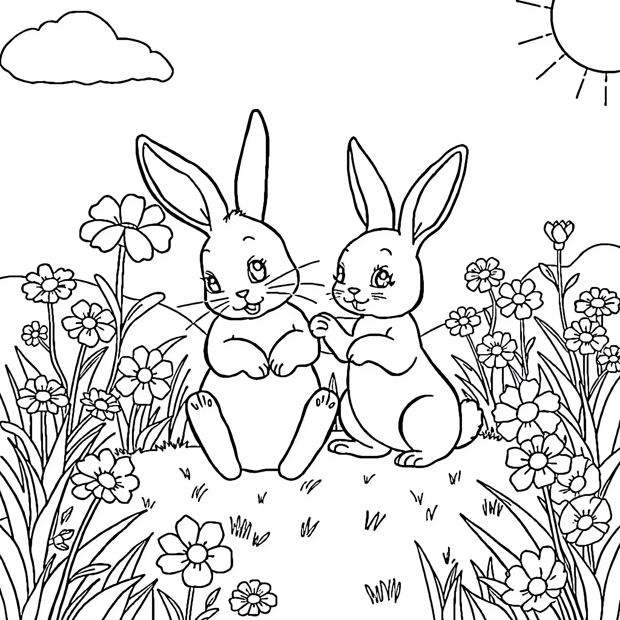 Bunny friends in a flowery meadow Coloring Page (free black-and-white line drawing printable PDF for all, from beginners to advanced learners, including children, teens, adults, and seniors)