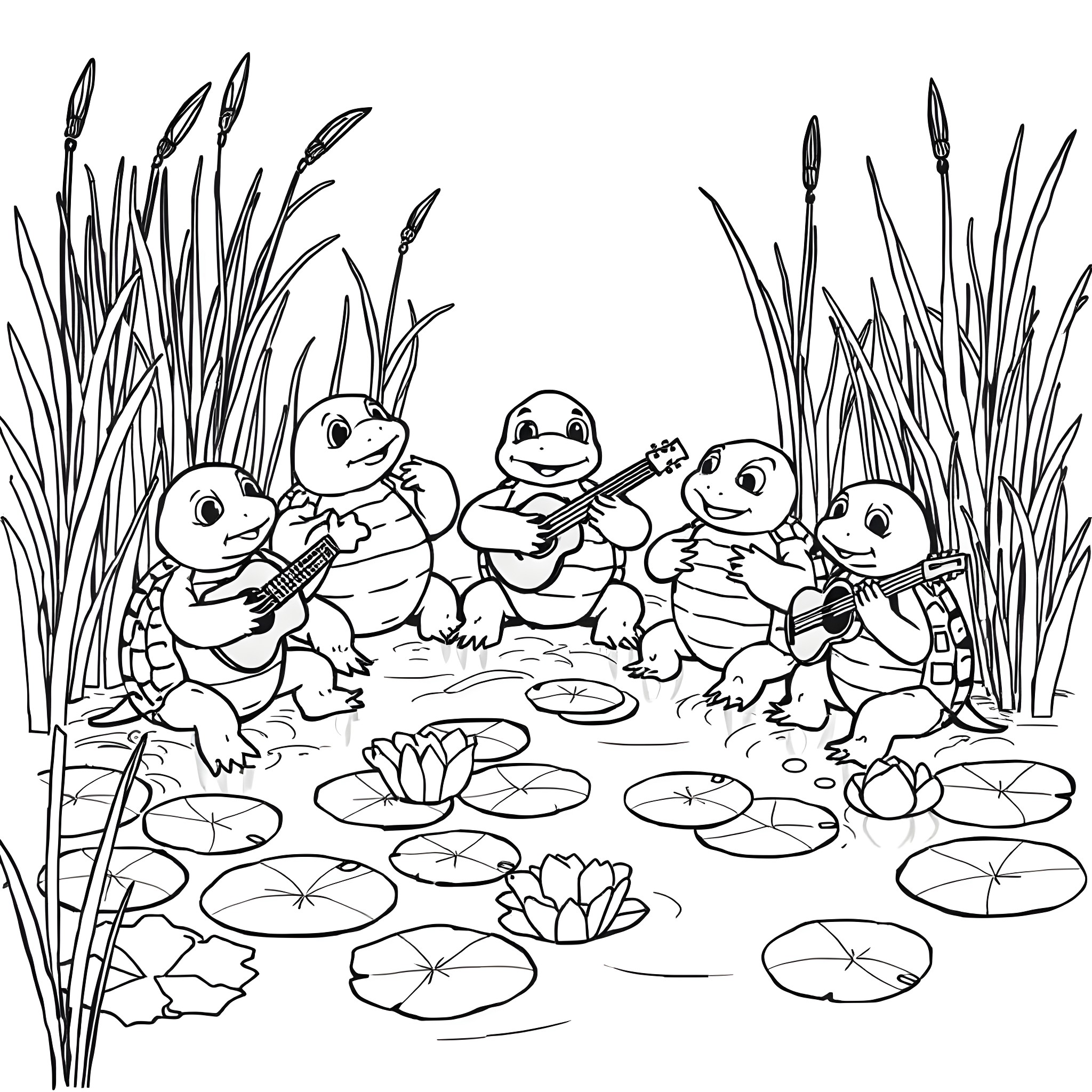 Turtles enjoying music and nature Coloring Page (free black-and-white line drawing printable PDF for all, from beginners to advanced learners, including children, teens, adults, and seniors)