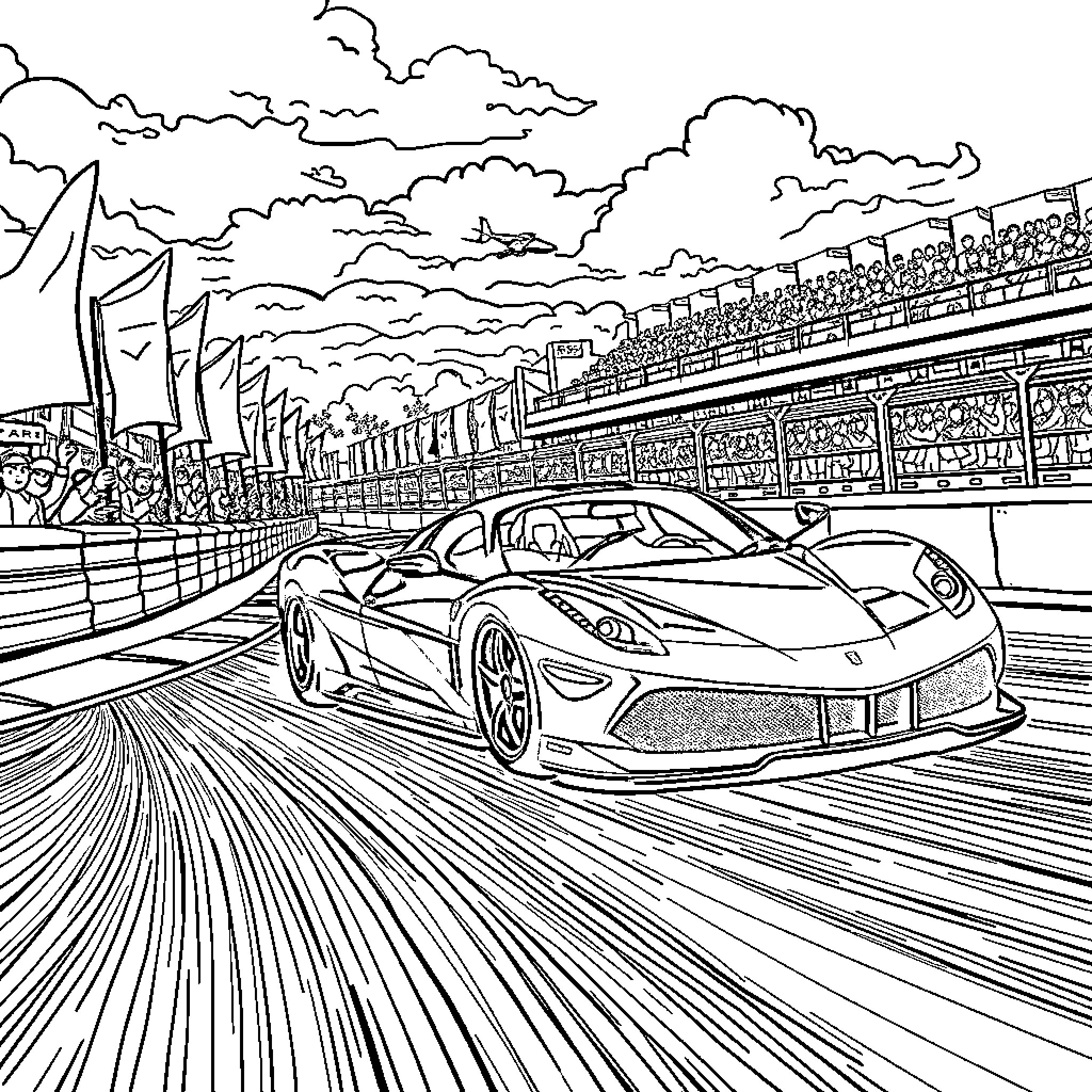 Ferrari Racing on Crowded Sports Circuit Coloring Page (free black-and-white line drawing printable PDF for all, from beginners to advanced learners, including children, teens, adults, and seniors)