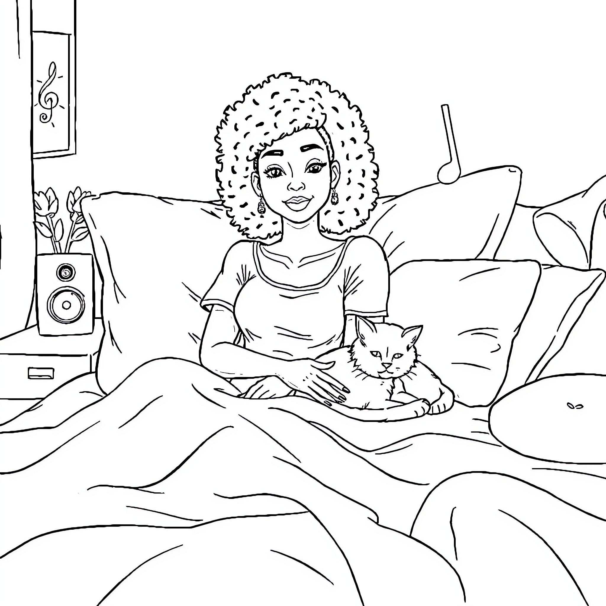 Girl relaxing at home with her pet cat Coloring Page (free black-and-white line drawing printable PDF for all, from beginners to advanced learners, including children, teens, adults, and seniors)