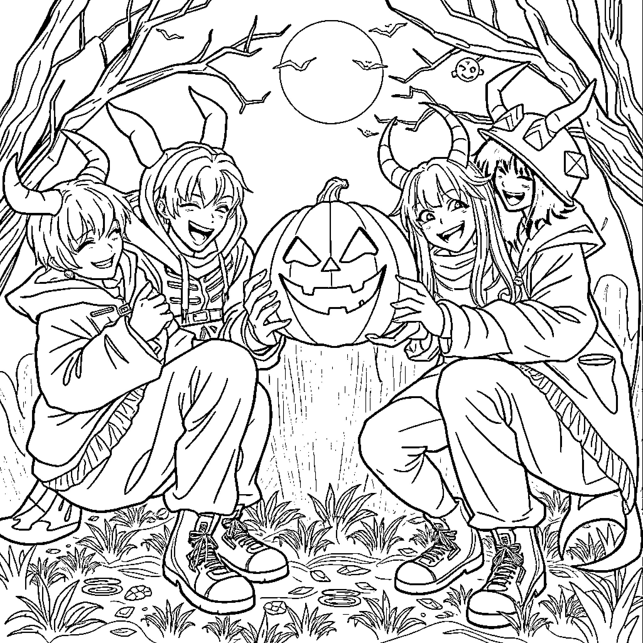 Kpop Demon Hunters Celebrate Halloween in the Forest Coloring Page (free black-and-white line drawing printable PDF for all, from beginners to advanced learners, including children, teens, adults, and seniors)