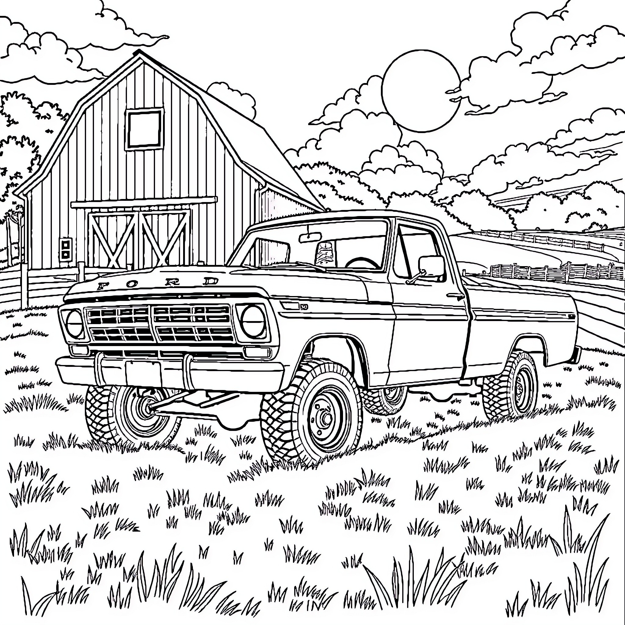 Ford truck driving through countryside landscape Coloring Page (free black-and-white line drawing printable PDF for all, from beginners to advanced learners, including children, teens, adults, and seniors)