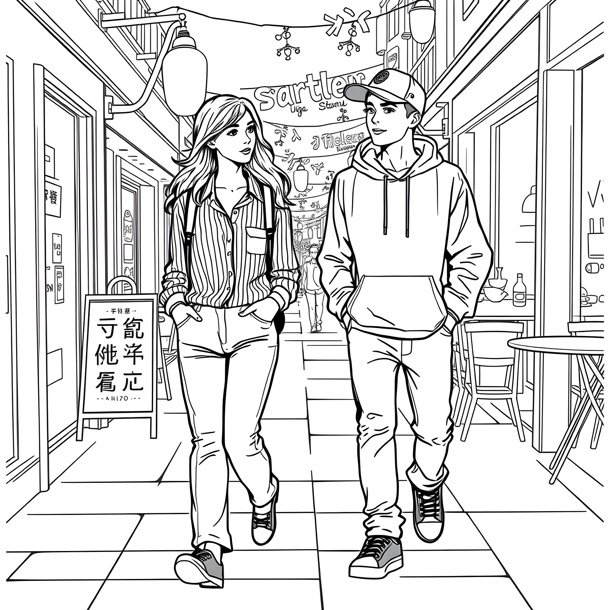 Teen Couple Strolling in a Lively Street Coloring Page (free black-and-white line drawing printable PDF for all, from beginners to advanced learners, including children, teens, adults, and seniors)