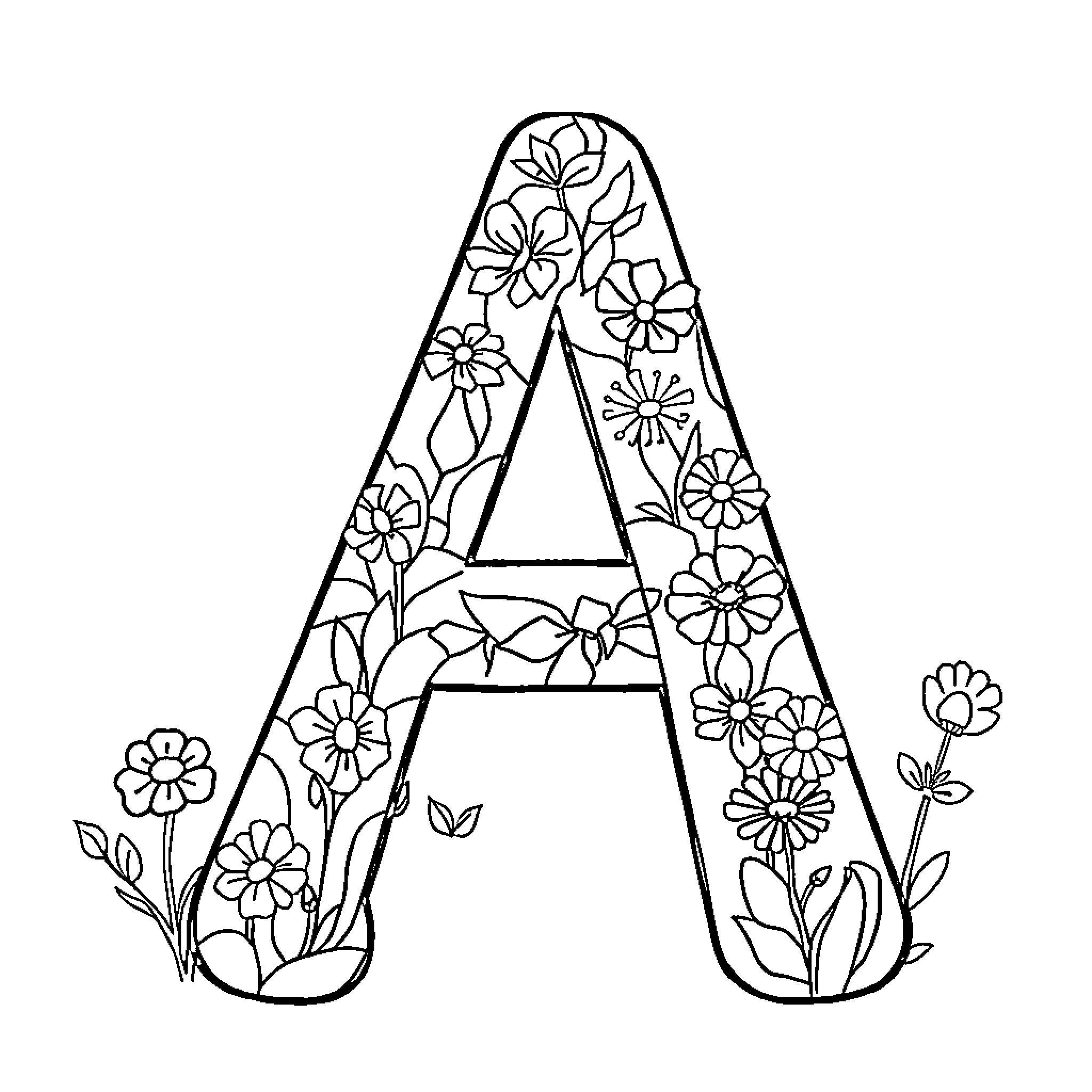 Alphabet A adorned with floral designs Coloring Page (free black-and-white line drawing printable PDF for all, from beginners to advanced learners, including children, teens, adults, and seniors)