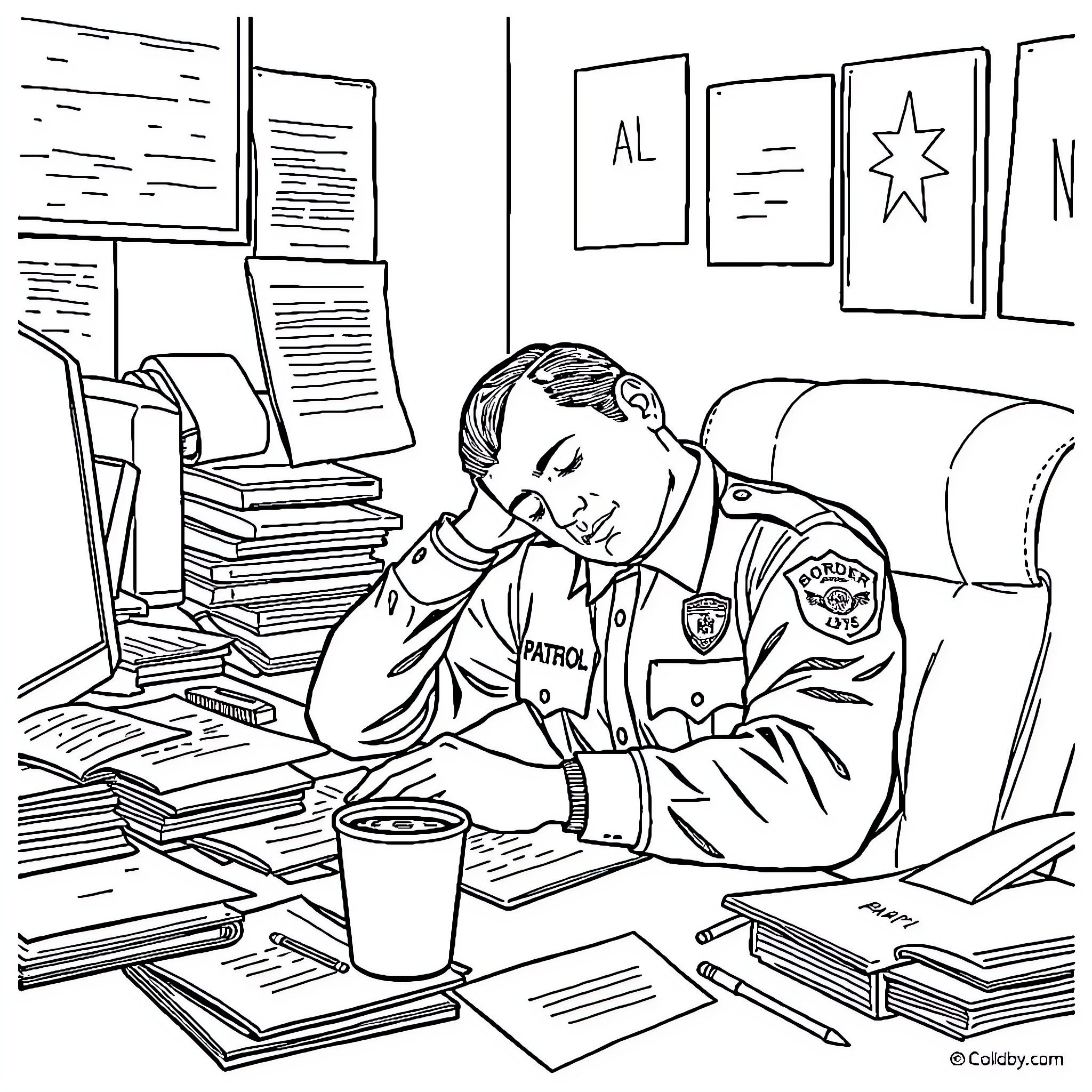 Border Patrol Agent Reviewing Documents at Desk Coloring Page (free black-and-white line drawing printable PDF for all, from beginners to advanced learners, including children, teens, adults, and seniors)
