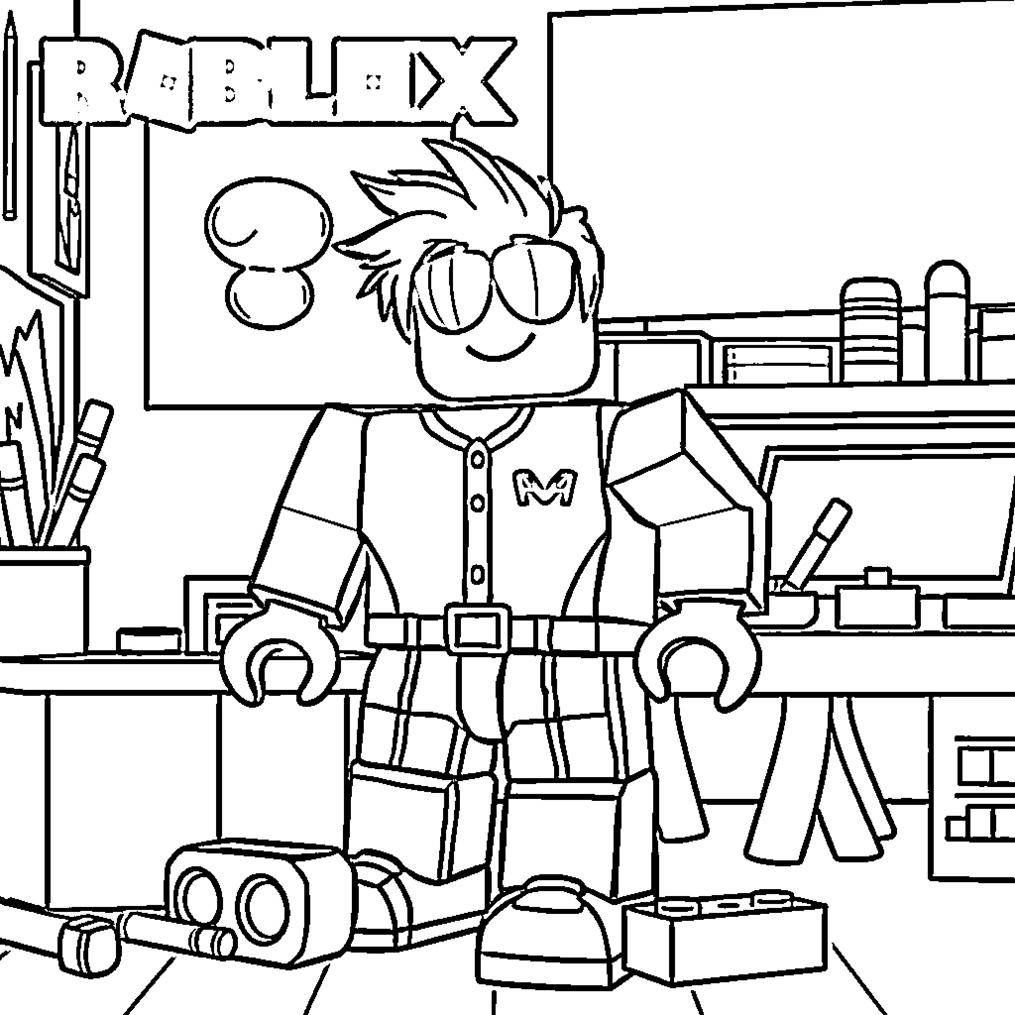 Roblox character in a workshop with tools and equipment Coloring Page (free black-and-white line drawing printable PDF for all, from beginners to advanced learners, including children, teens, adults, and seniors)