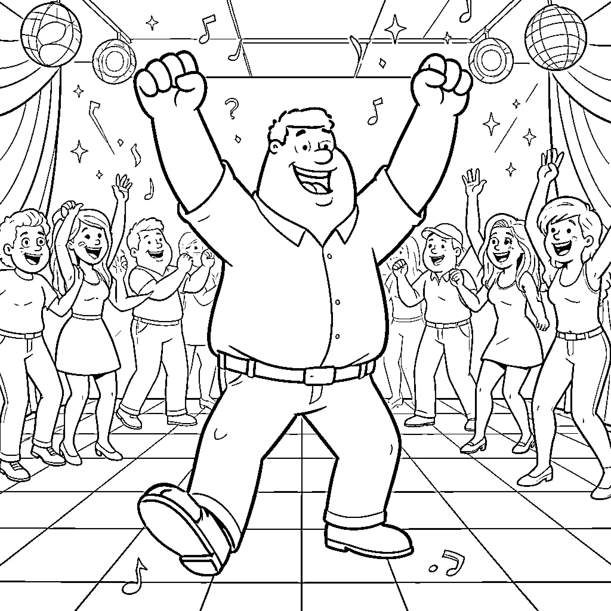 Peter Griffin dancing joyfully at a party Coloring Page (free black-and-white line drawing printable PDF for all, from beginners to advanced learners, including children, teens, adults, and seniors)