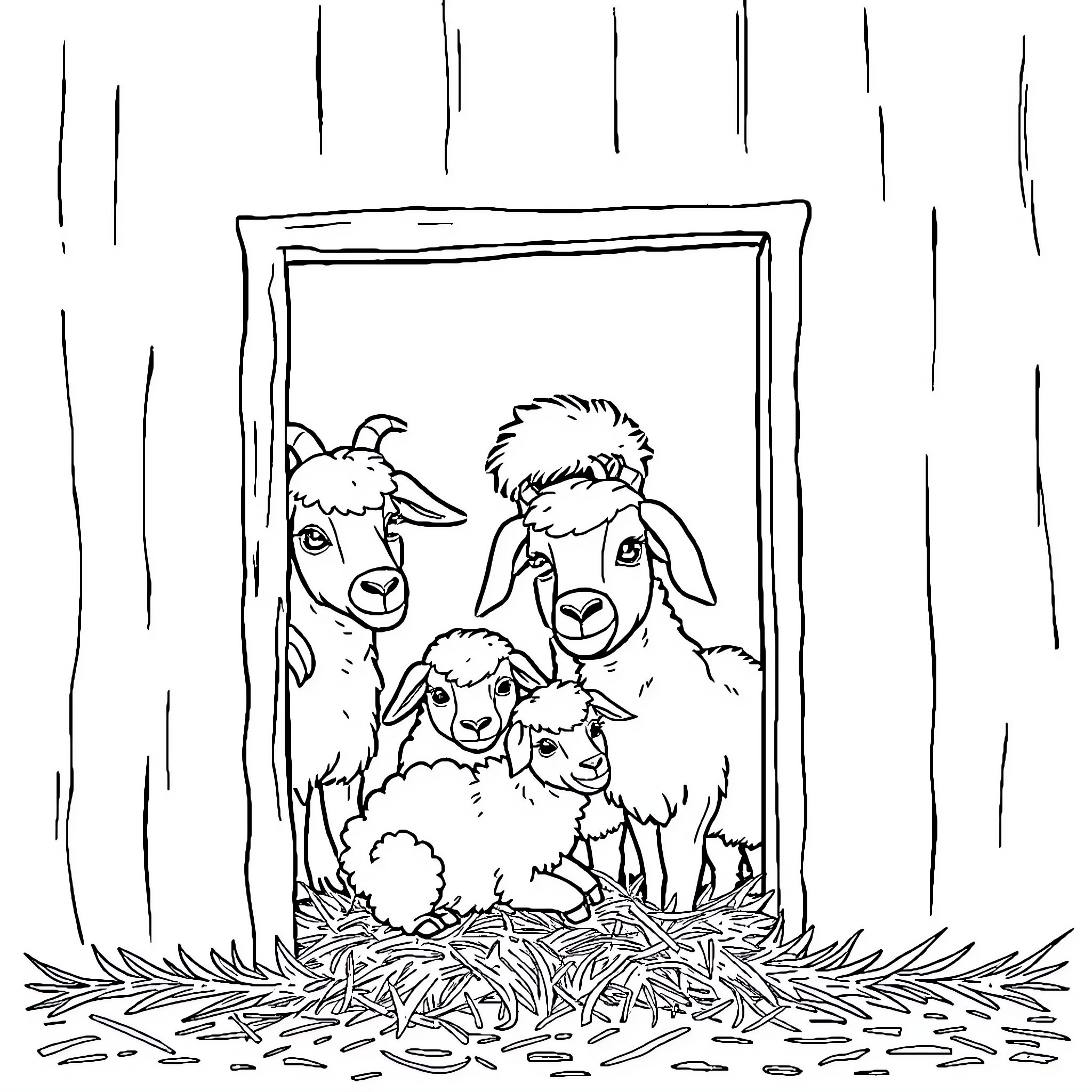 Goats peering out from a wooden frame Coloring Page (free black-and-white line drawing printable PDF for all, from beginners to advanced learners, including children, teens, adults, and seniors)