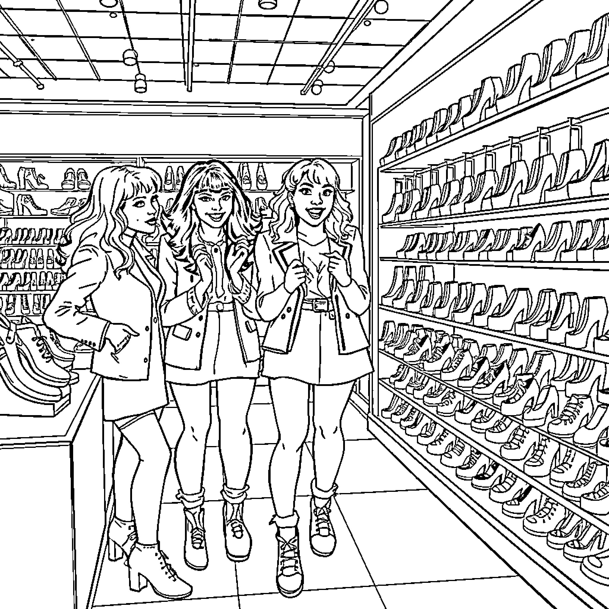 Spice Girls Shopping Trip in a Shoe Store Coloring Page (free black-and-white line drawing printable PDF for all, from beginners to advanced learners, including children, teens, adults, and seniors)