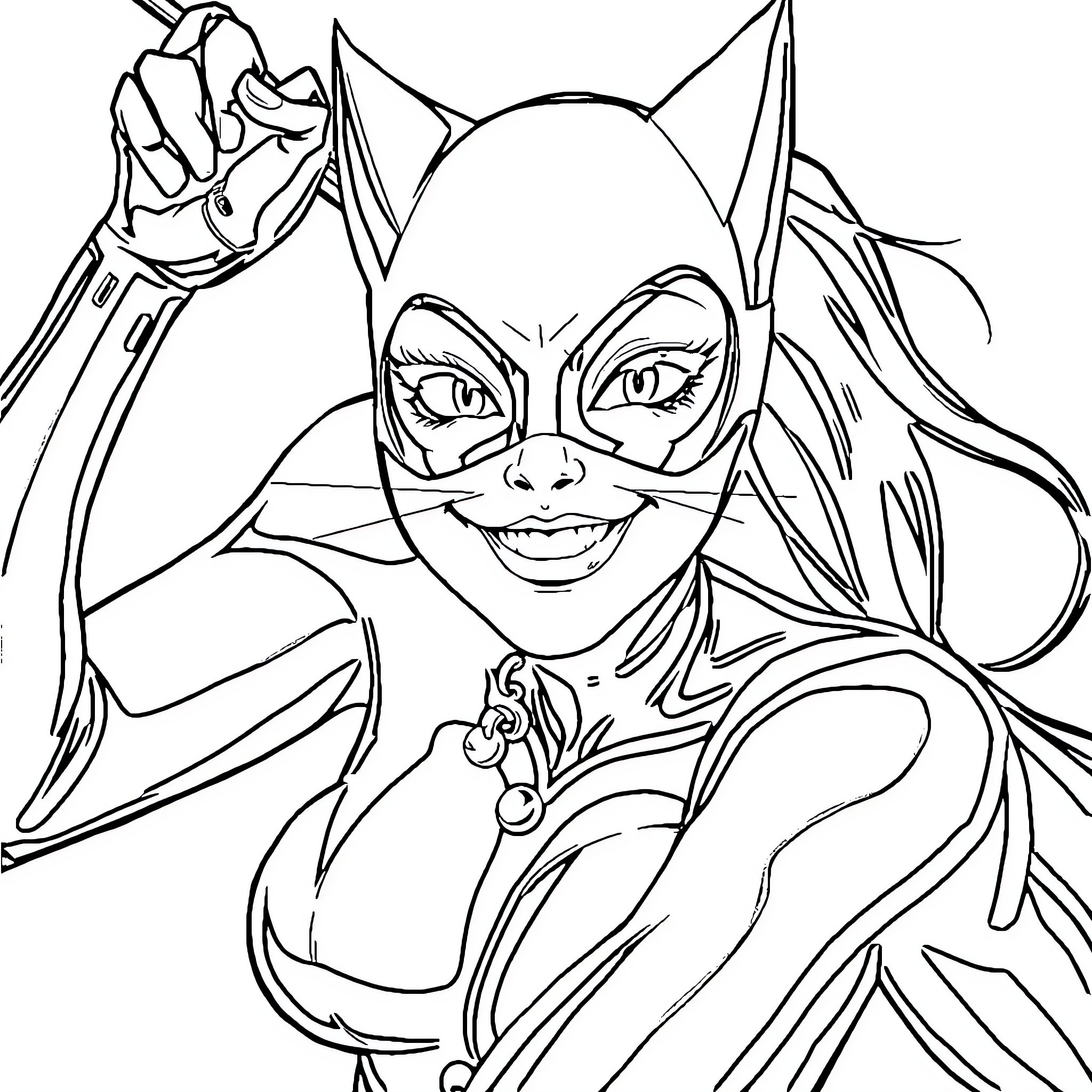 Cat Woman in Stylized Heroic Pose Coloring Page (free black-and-white line drawing printable PDF for all, from beginners to advanced learners, including children, teens, adults, and seniors)