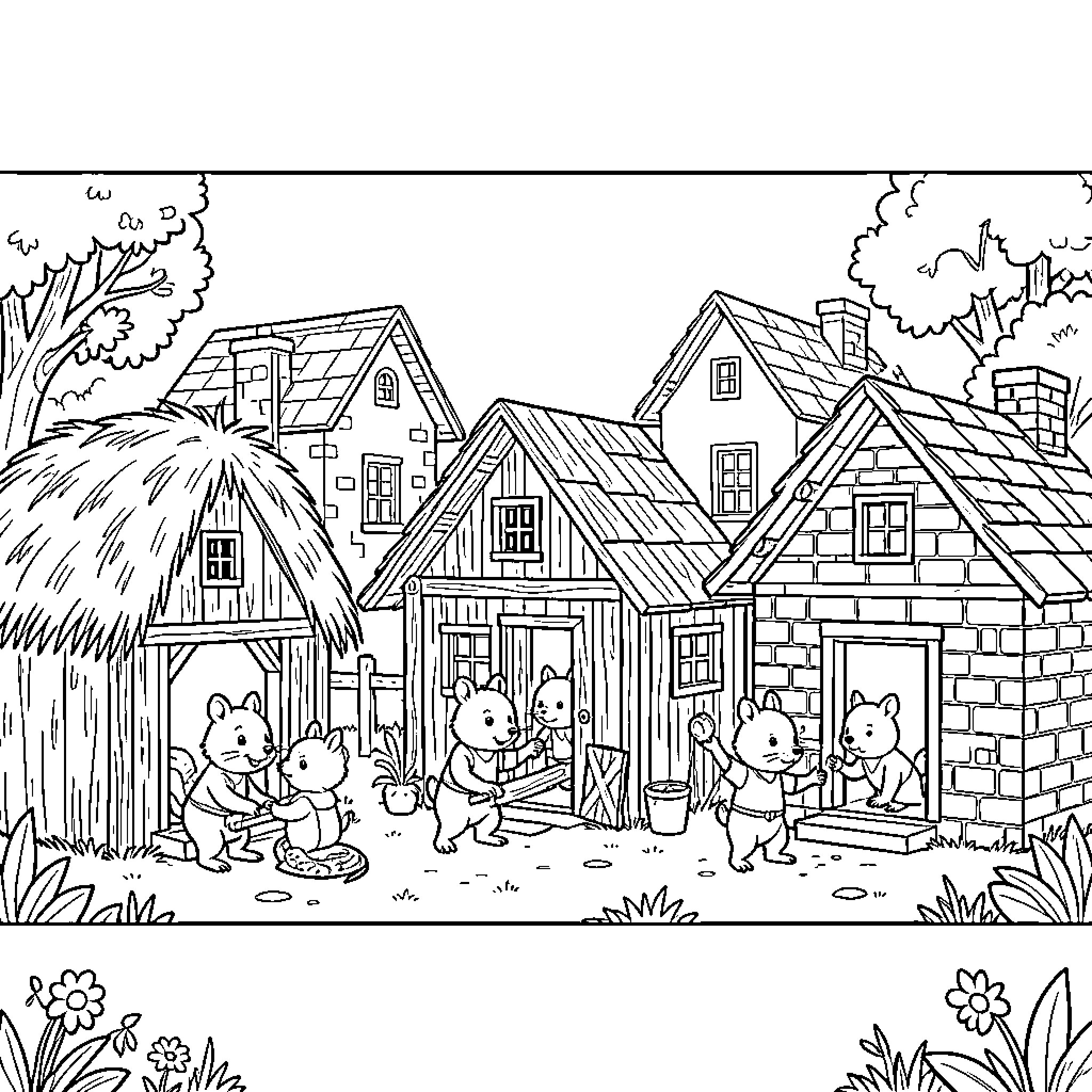 Three Little Pigs playing outside their country cottages Coloring Page (free black-and-white line drawing printable PDF for all, from beginners to advanced learners, including children, teens, adults, and seniors)