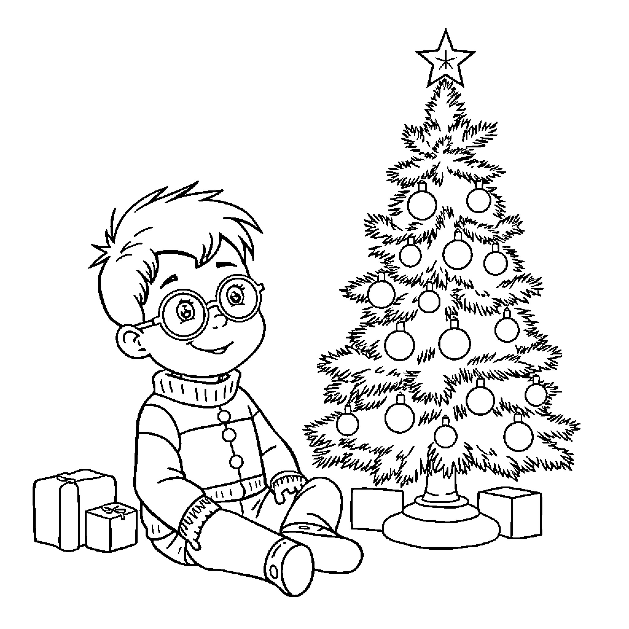 Boy excited by decorated Christmas tree Coloring Page (free black-and-white line drawing printable PDF for all, from beginners to advanced learners, including children, teens, adults, and seniors)