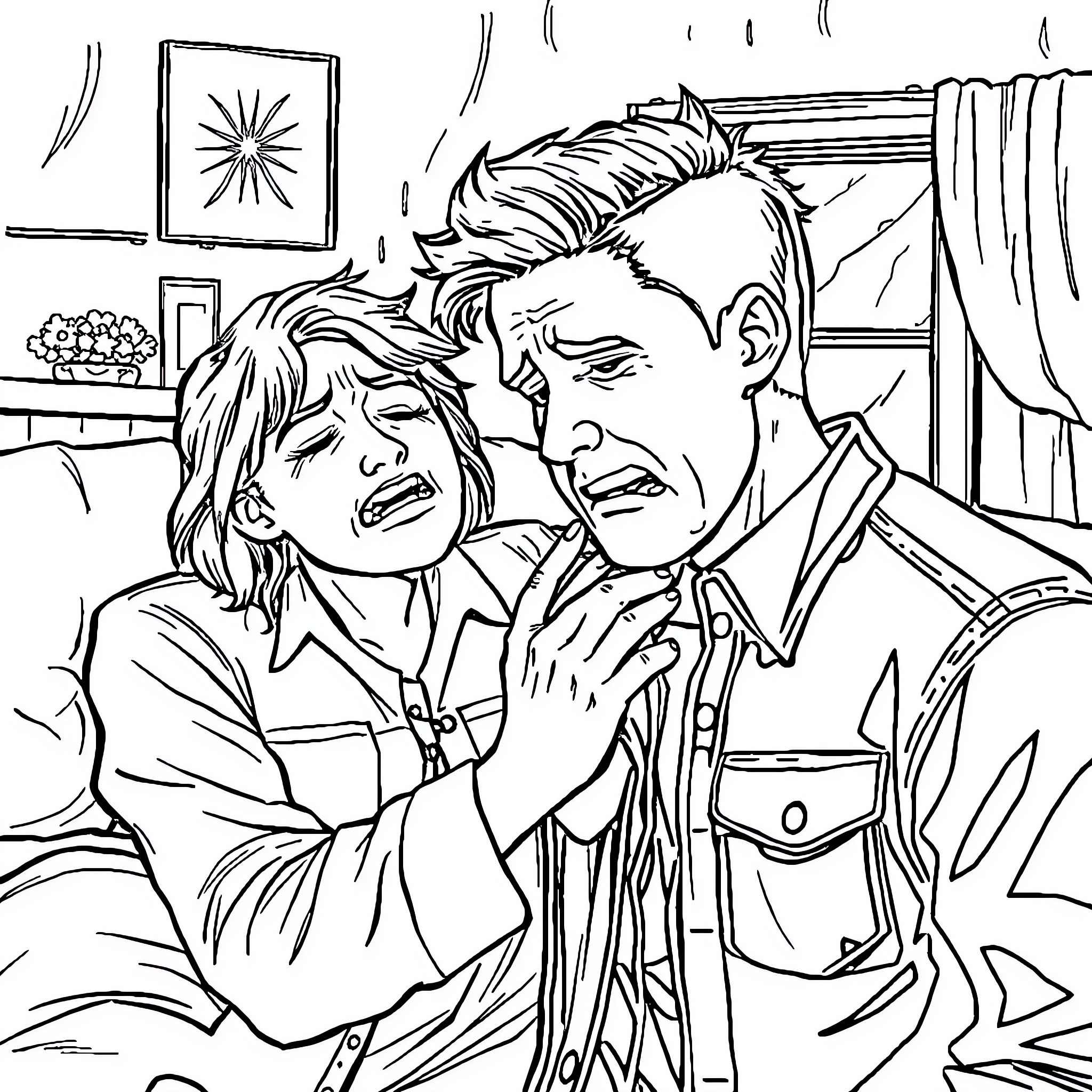 Austin and Companion Share a Tender Moment Coloring Page (free black-and-white line drawing printable PDF for all, from beginners to advanced learners, including children, teens, adults, and seniors)