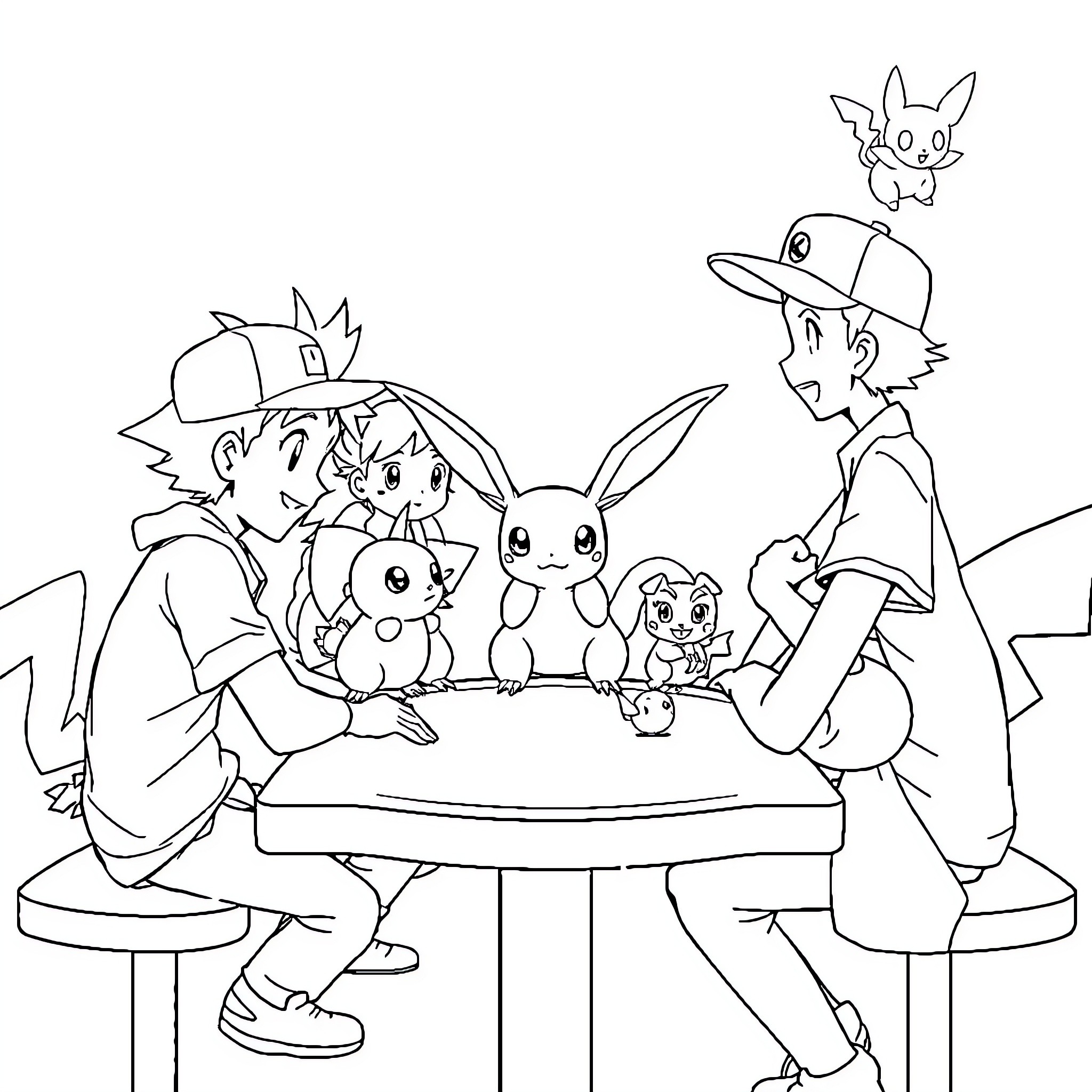 Cartoon characters playing with adorable creatures Coloring Page (free black-and-white line drawing printable PDF for all, from beginners to advanced learners, including children, teens, adults, and seniors)