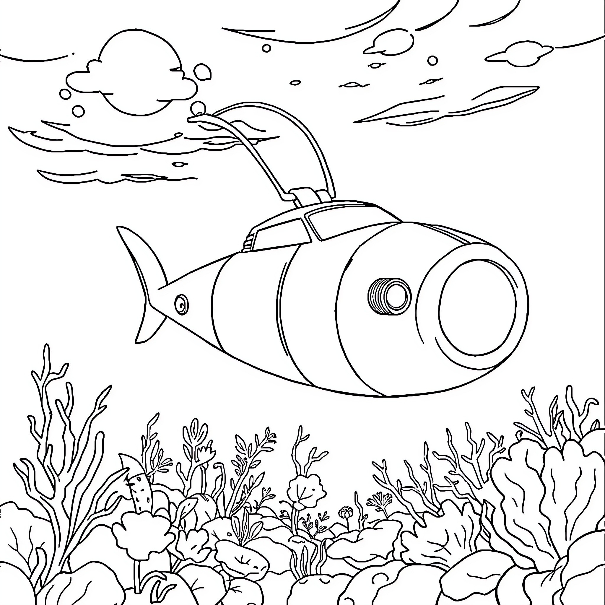 Voiture sous-marine explorant le monde aquatique Coloring Page (free black-and-white line drawing printable PDF for all, from beginners to advanced learners, including children, teens, adults, and seniors)