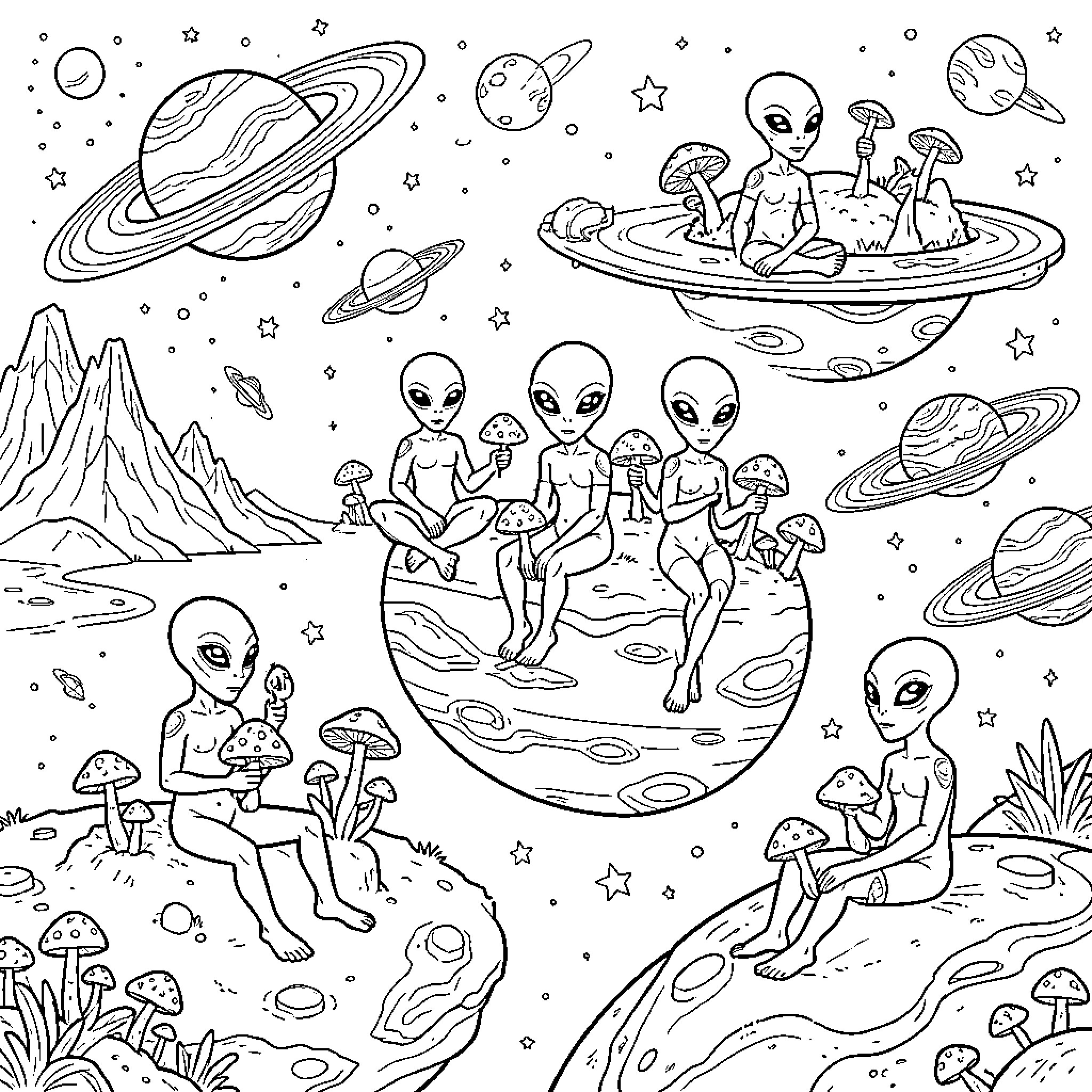 Alien figures sitting on planets amidst mushrooms and space Coloring Page (free black-and-white line drawing printable PDF for all, from beginners to advanced learners, including children, teens, adults, and seniors)