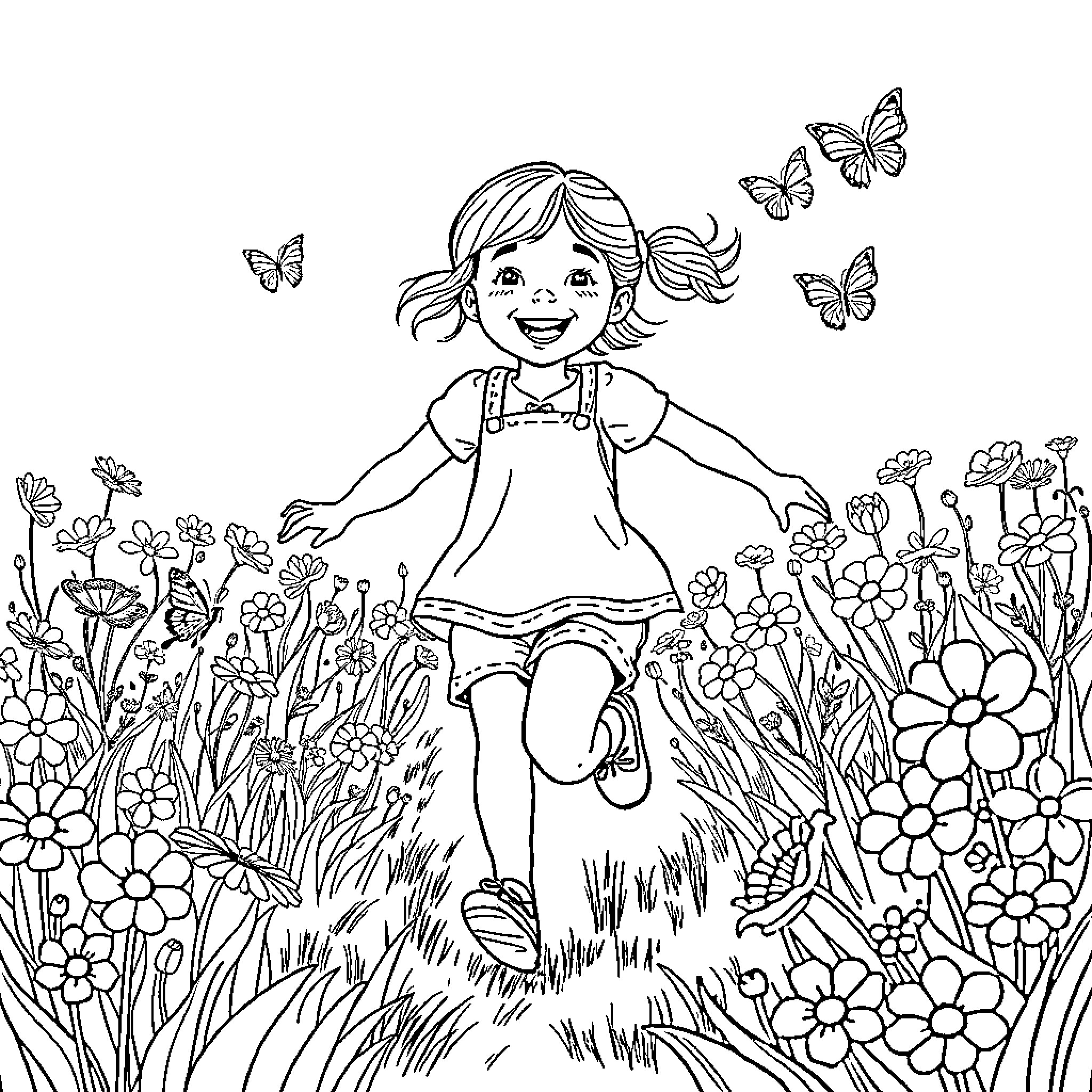 Girl Joyfully Frolicking in Flower-Filled Meadow Coloring Page (free black-and-white line drawing printable PDF for all, from beginners to advanced learners, including children, teens, adults, and seniors)