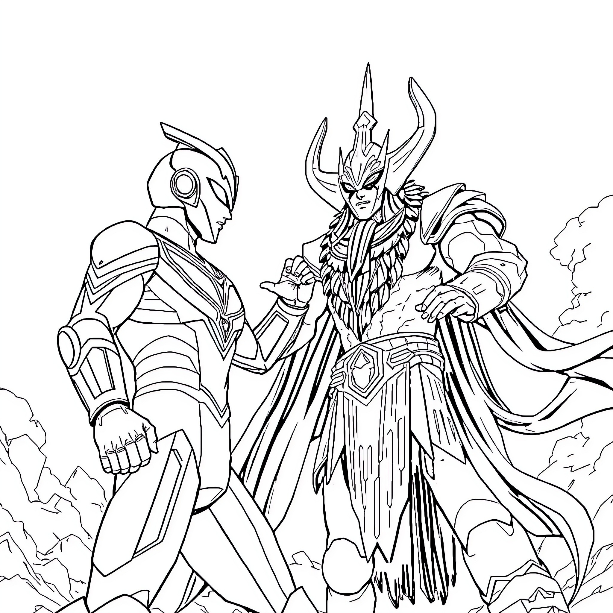 Ultraman clash against a fearsome alien warrior Coloring Page (free black-and-white line drawing printable PDF for all, from beginners to advanced learners, including children, teens, adults, and seniors)