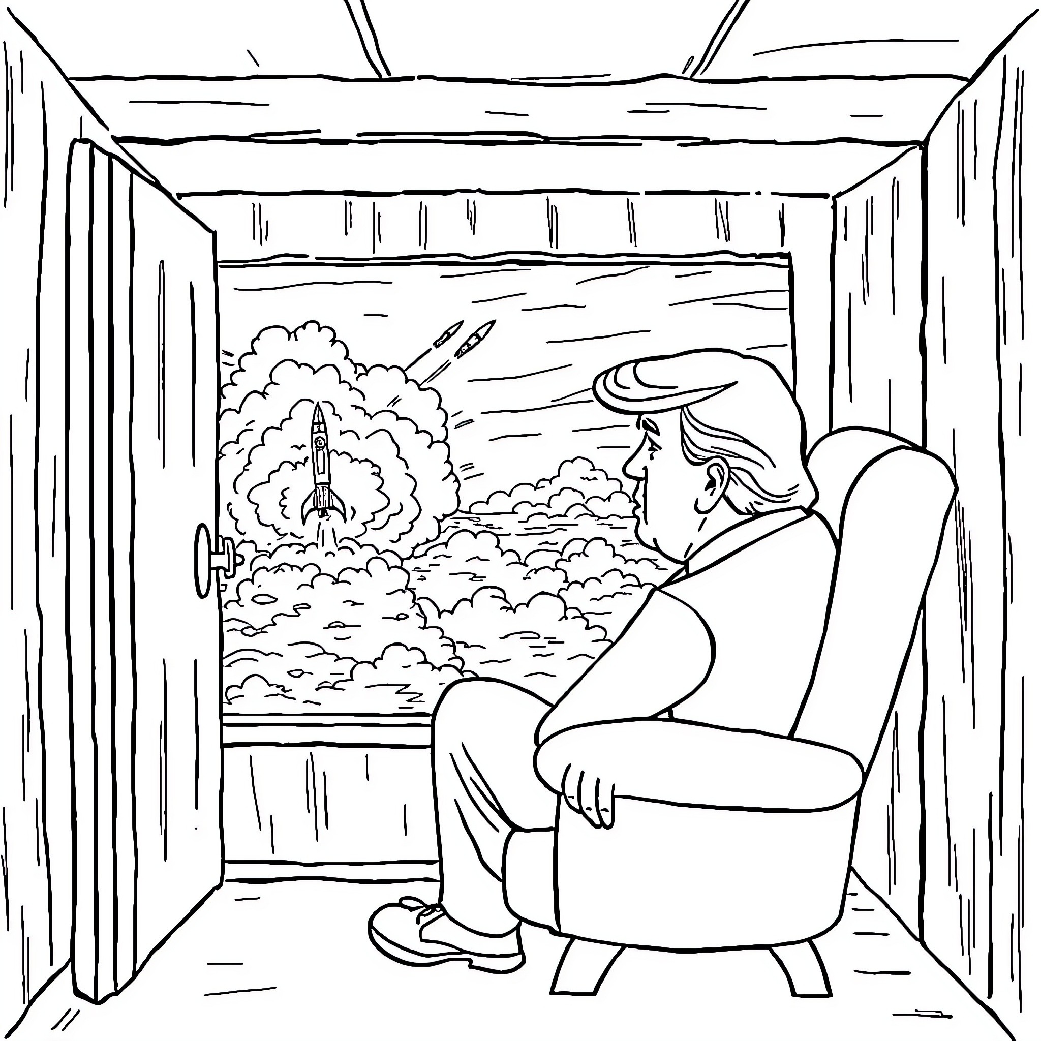 Donald Trump Watching Rocket Launch from Window Coloring Page (free black-and-white line drawing printable PDF for all, from beginners to advanced learners, including children, teens, adults, and seniors)