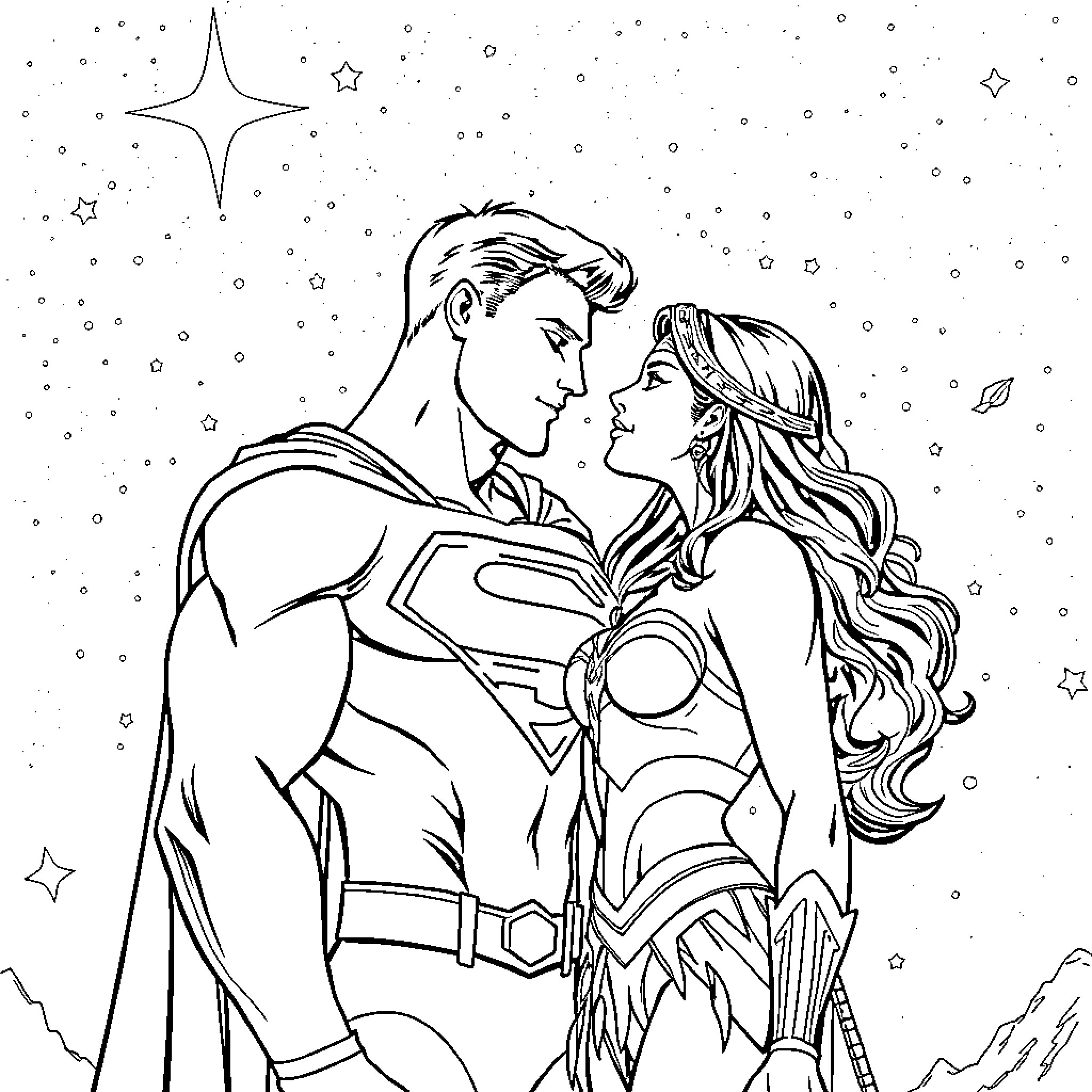 Superman and Wonder Woman in the Starry Night Coloring Page (free black-and-white line drawing printable PDF for all, from beginners to advanced learners, including children, teens, adults, and seniors)