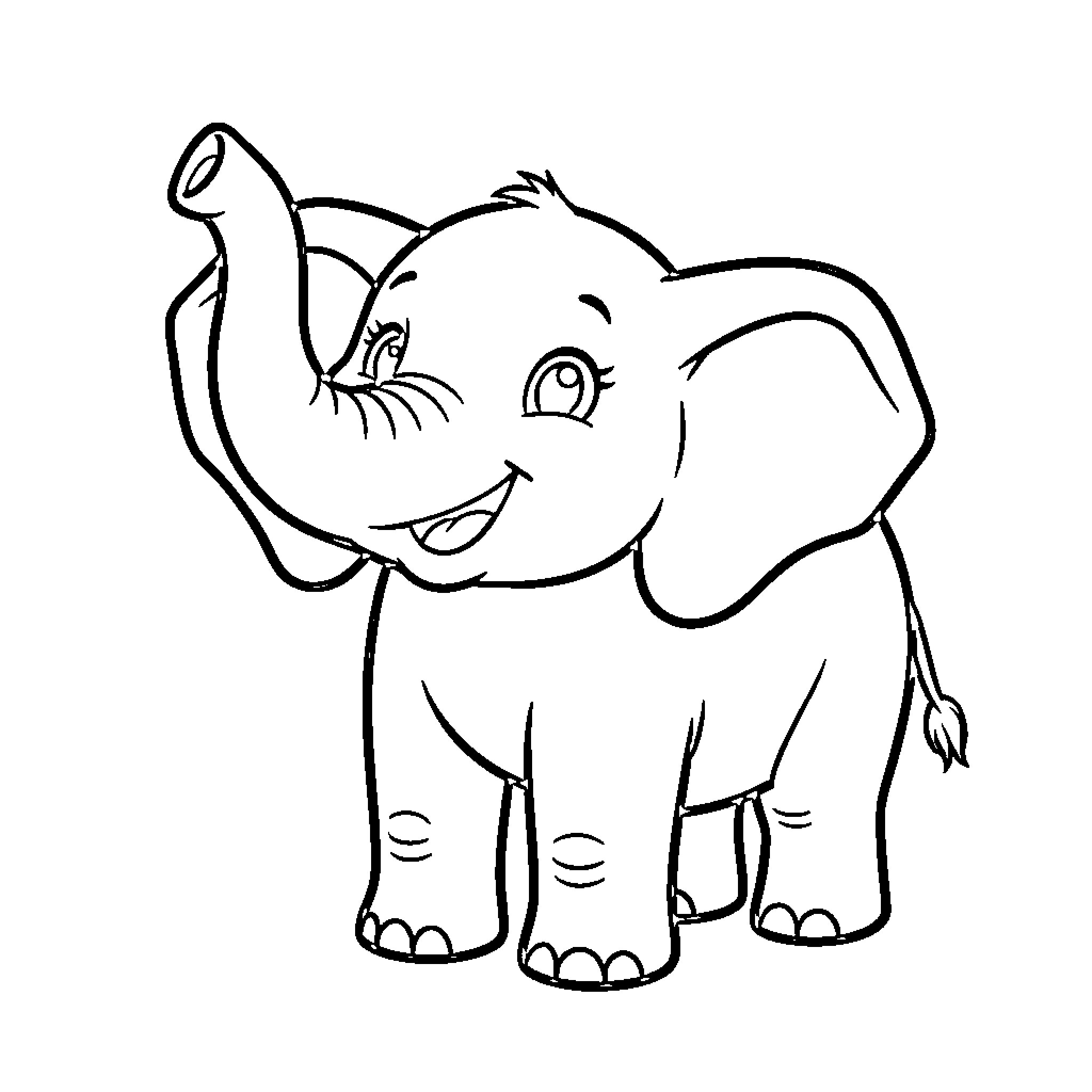 Baby Elephant smiling with trunk raised high Coloring Page (free black-and-white line drawing printable PDF for all, from beginners to advanced learners, including children, teens, adults, and seniors)