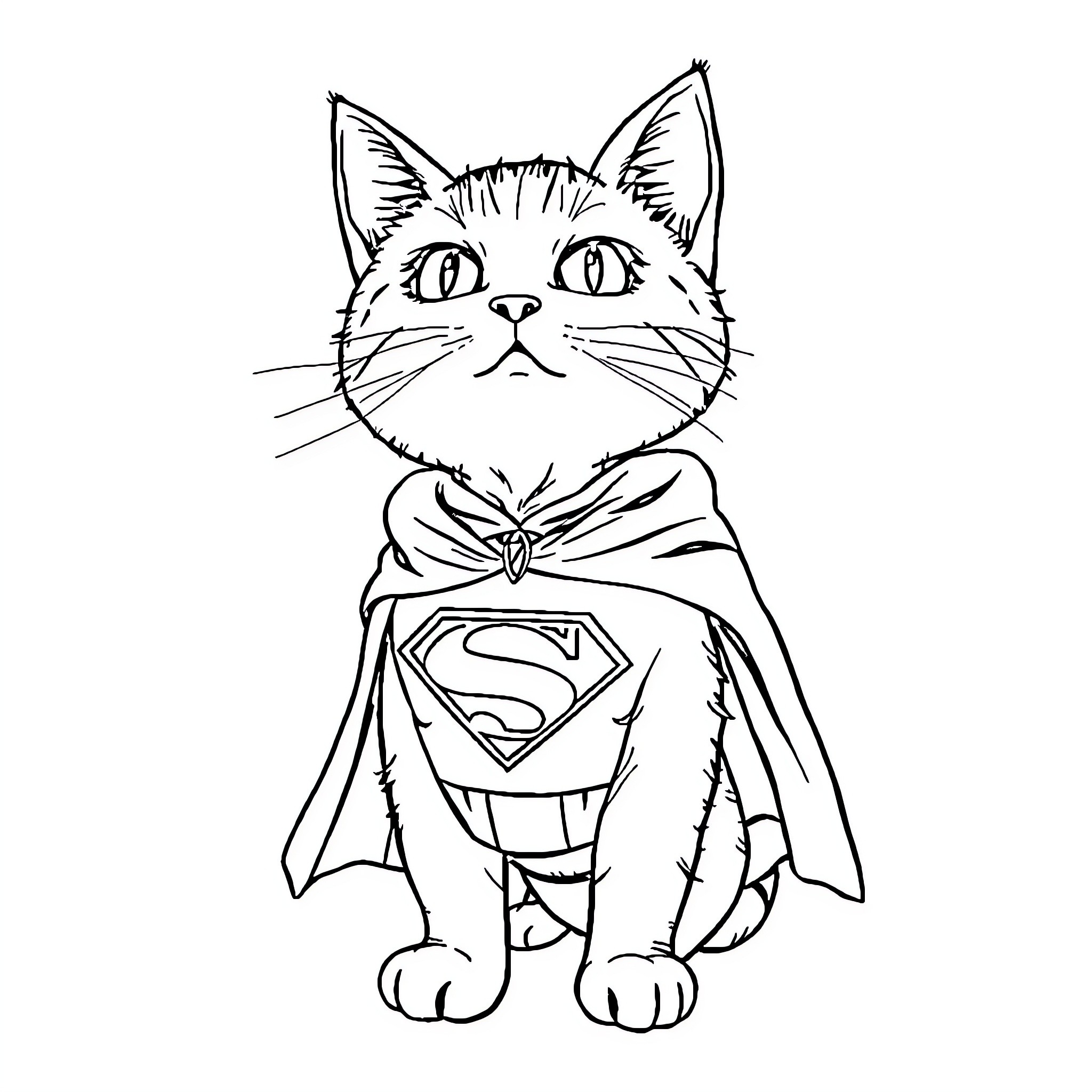 Superman cat wearing superhero costume Coloring Page (free black-and-white line drawing printable PDF for all, from beginners to advanced learners, including children, teens, adults, and seniors)
