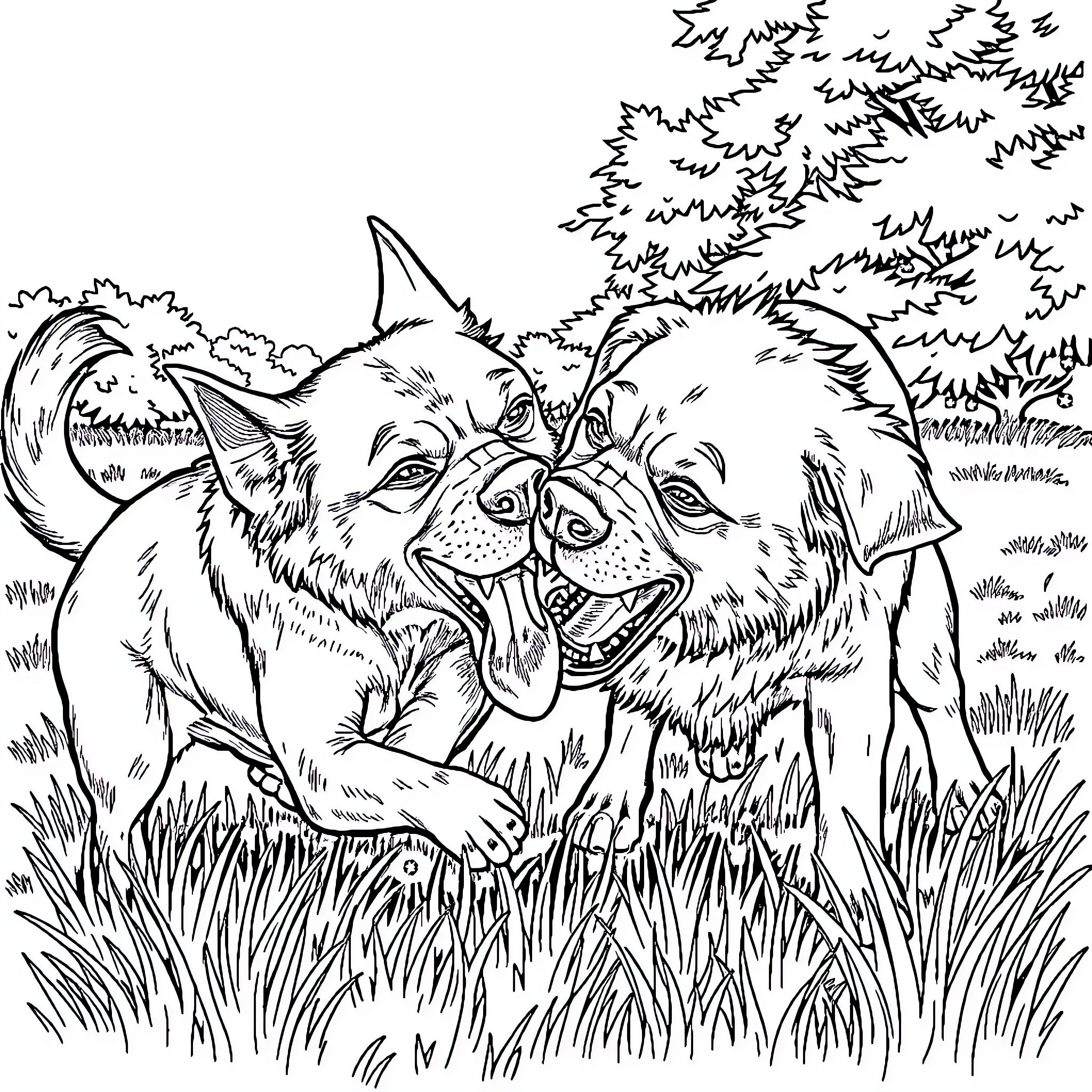 Dog companions playing joyfully in the woods Coloring Page (free black-and-white line drawing printable PDF for all, from beginners to advanced learners, including children, teens, adults, and seniors)