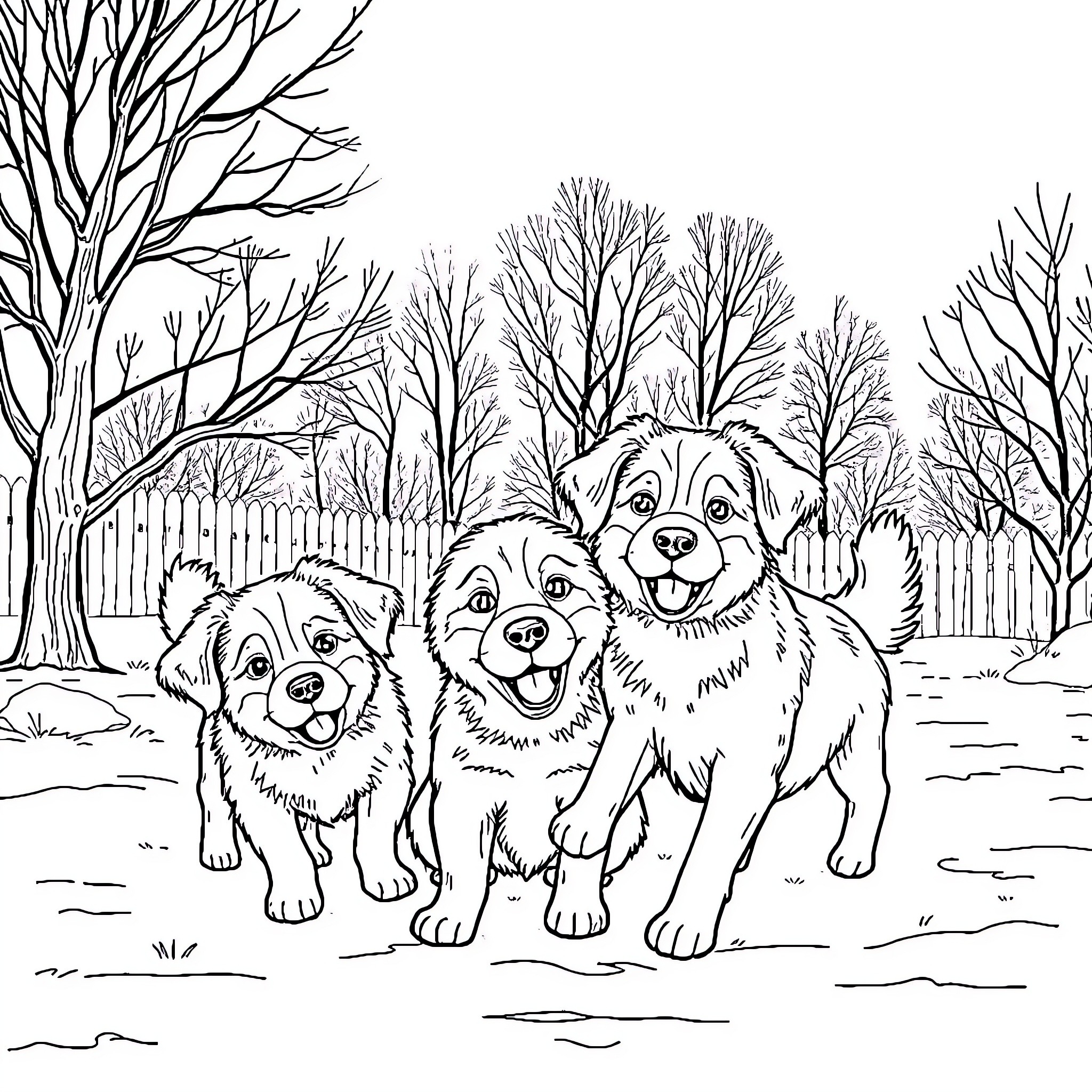 Dogs Playing in Snowy Backyard Coloring Page (free black-and-white line drawing printable PDF for all, from beginners to advanced learners, including children, teens, adults, and seniors)