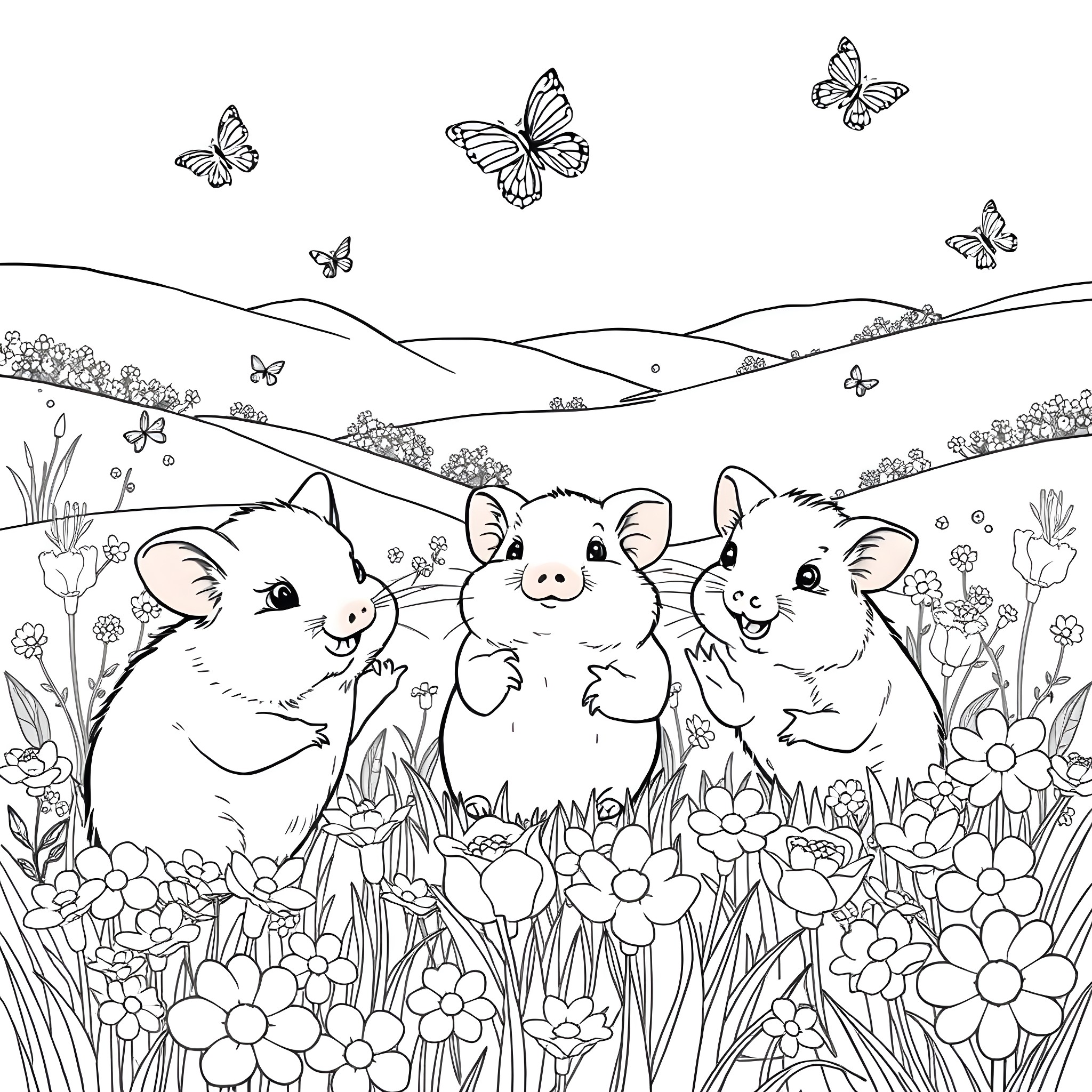 Hamsters frolicking in a flowery meadow Coloring Page (free black-and-white line drawing printable PDF for all, from beginners to advanced learners, including children, teens, adults, and seniors)