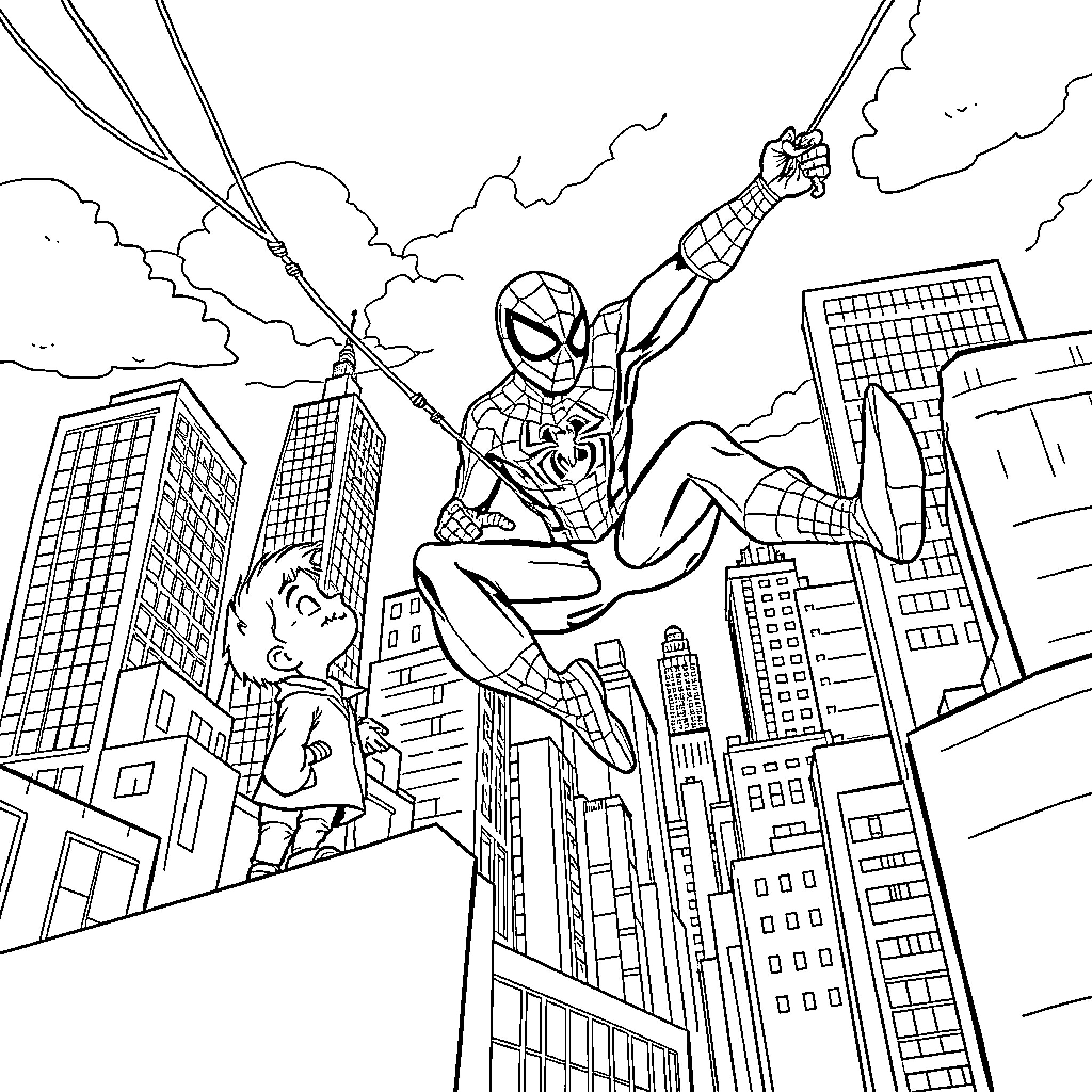 Spiderman swinging through the city skyline Coloring Page (free black-and-white line drawing printable PDF for all, from beginners to advanced learners, including children, teens, adults, and seniors)