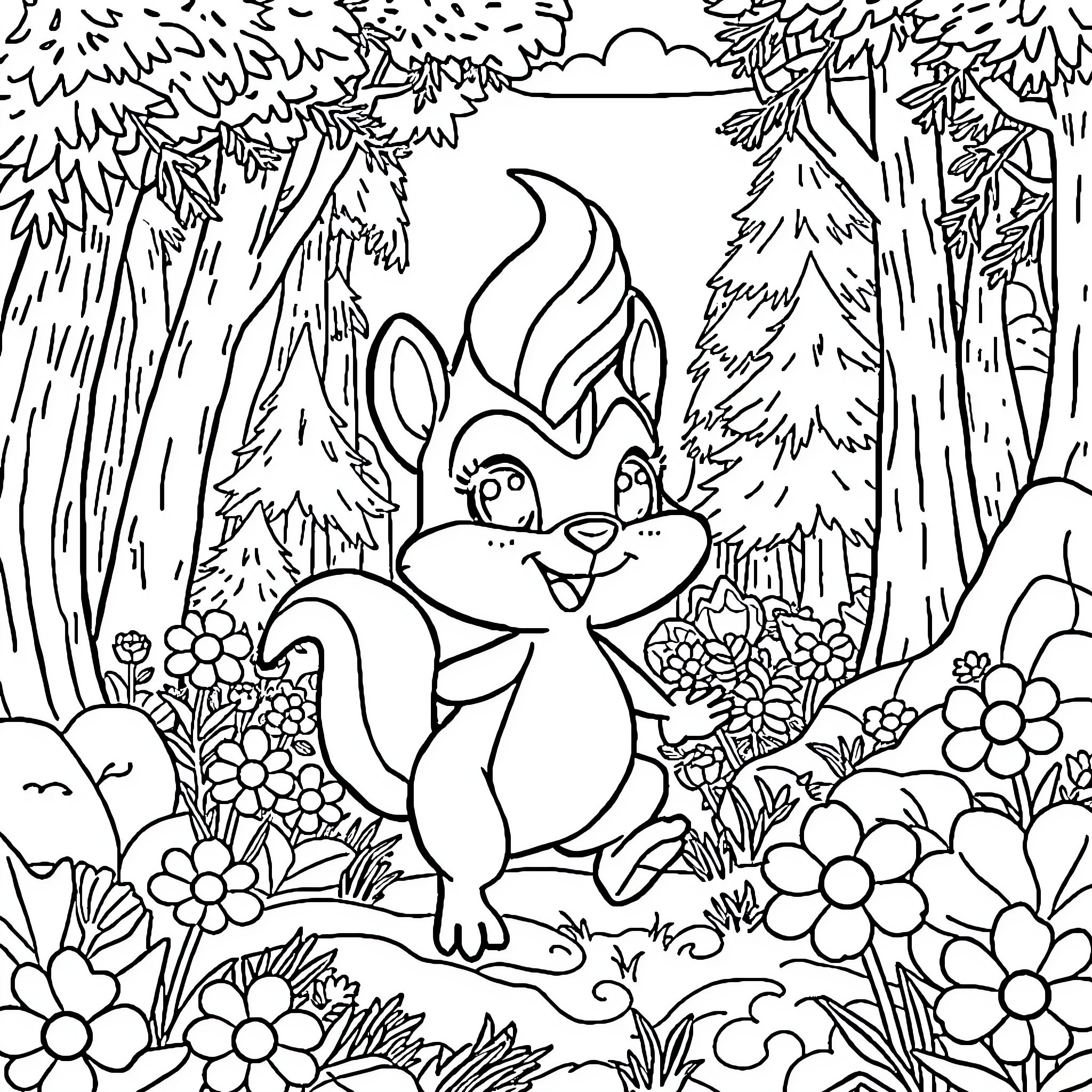 Sprunki frolicking playfully in the whimsical forest Coloring Page (free black-and-white line drawing printable PDF for all, from beginners to advanced learners, including children, teens, adults, and seniors)