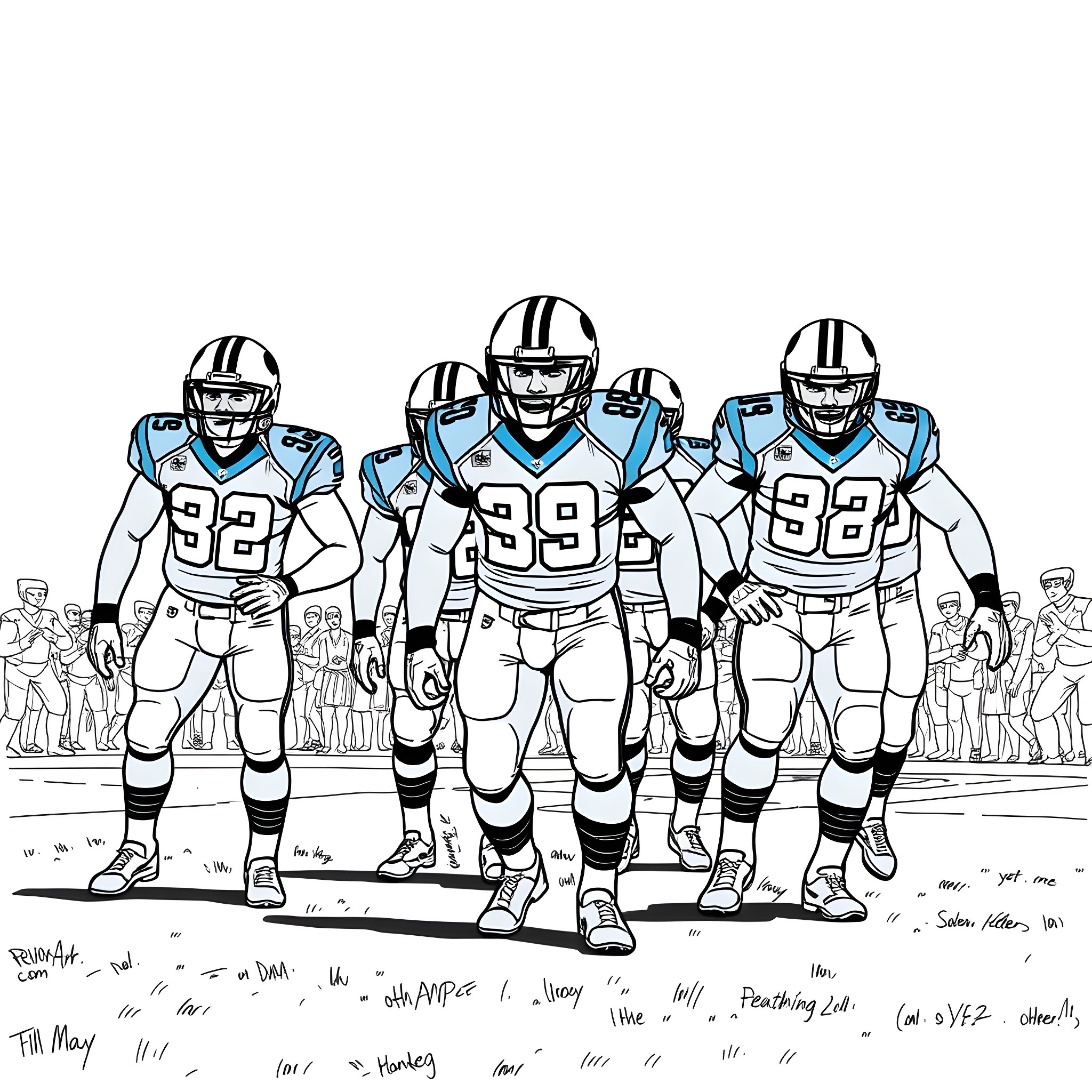 Panther football players running onto the field Coloring Page (free black-and-white line drawing printable PDF for all, from beginners to advanced learners, including children, teens, adults, and seniors)
