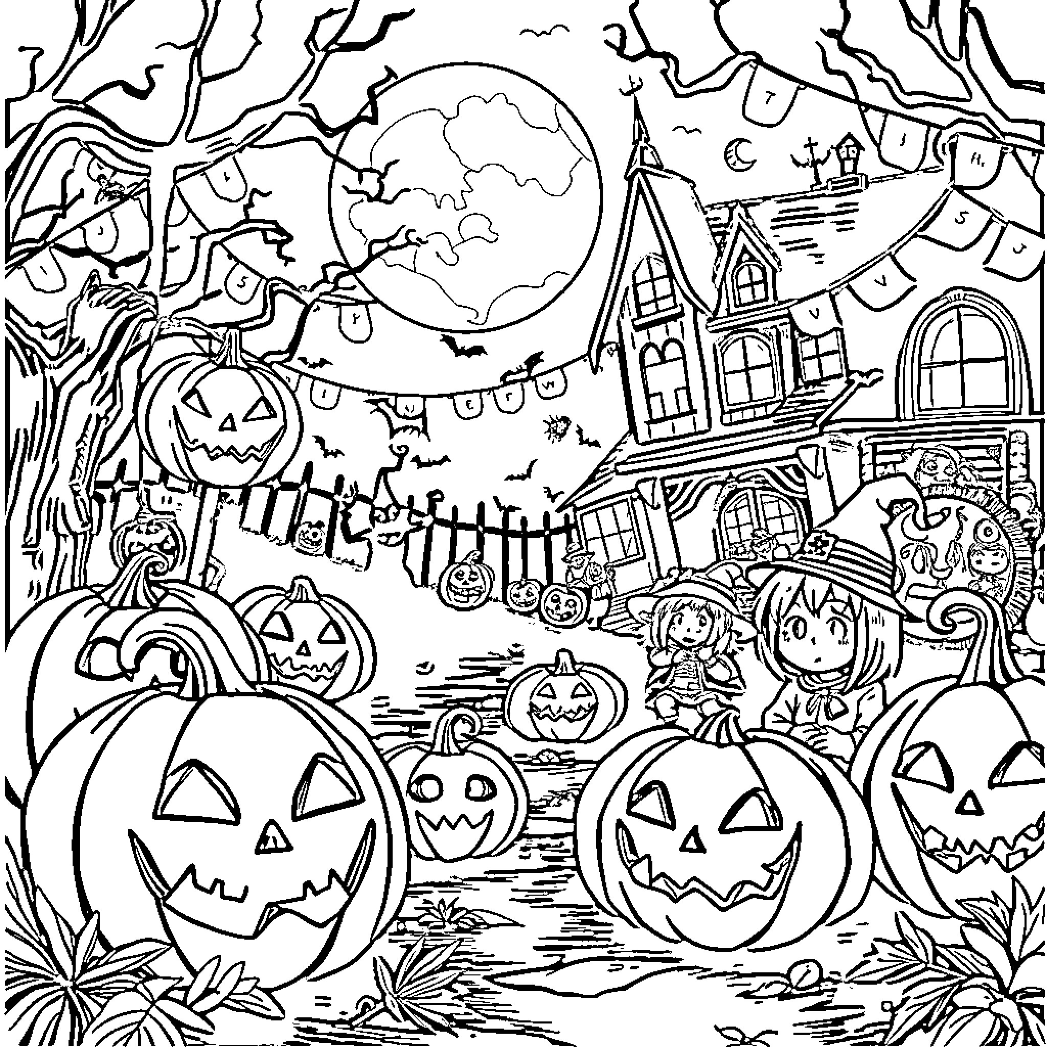 Halloween Celebrations with Spooky Decorations and Characters Coloring Page (free black-and-white line drawing printable PDF for all, from beginners to advanced learners, including children, teens, adults, and seniors)