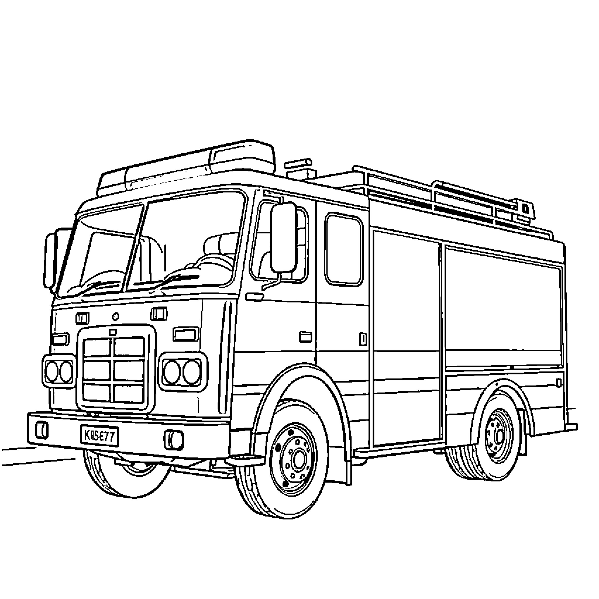 Fire Engine on duty with emergency equipment Coloring Page (free black-and-white line drawing printable PDF for all, from beginners to advanced learners, including children, teens, adults, and seniors)