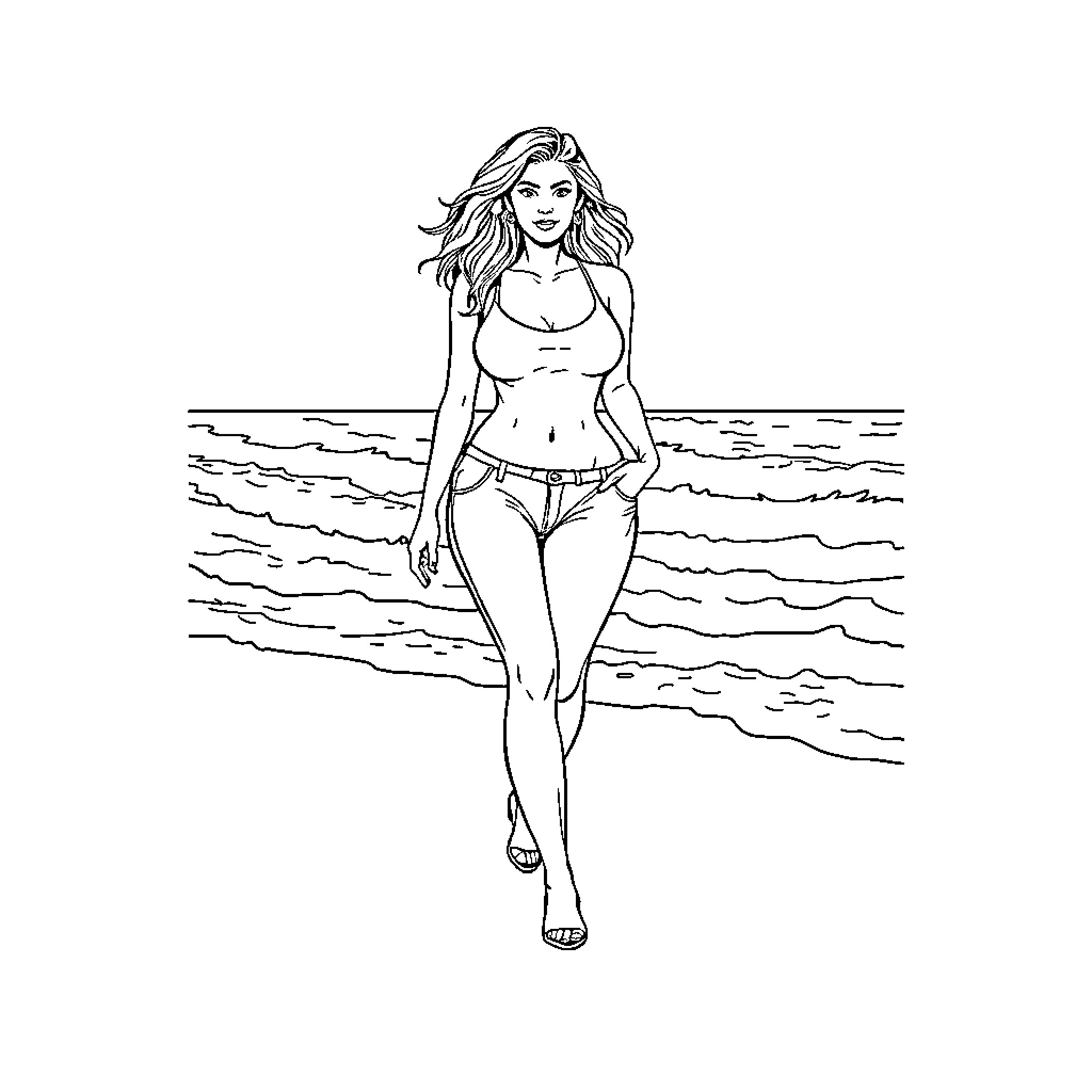 Woman walks confidently on the beach Coloring Page (free black-and-white line drawing printable PDF for all, from beginners to advanced learners, including children, teens, adults, and seniors)