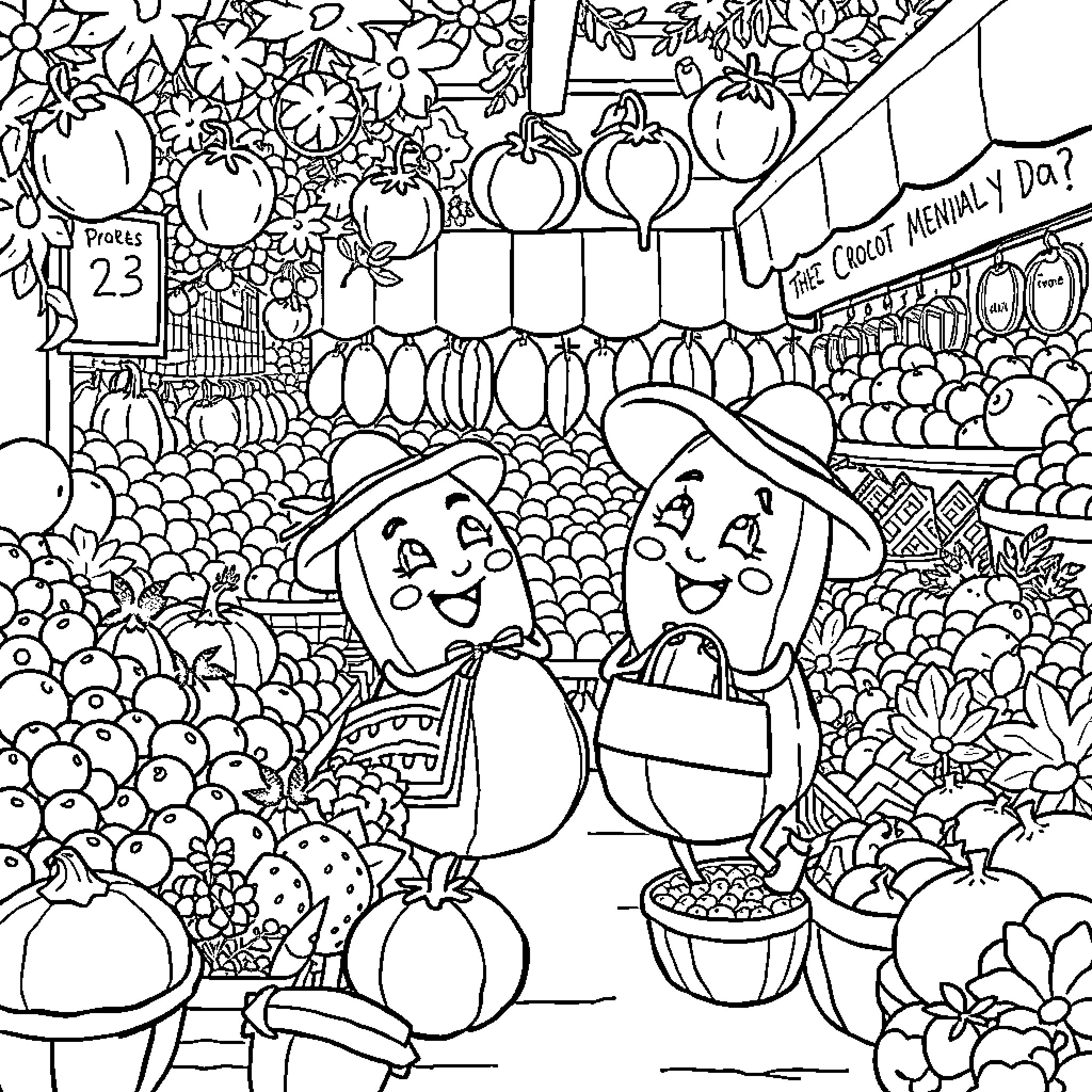 Cocomelon Characters in a Vibrant Produce Market Coloring Page (free black-and-white line drawing printable PDF for all, from beginners to advanced learners, including children, teens, adults, and seniors)