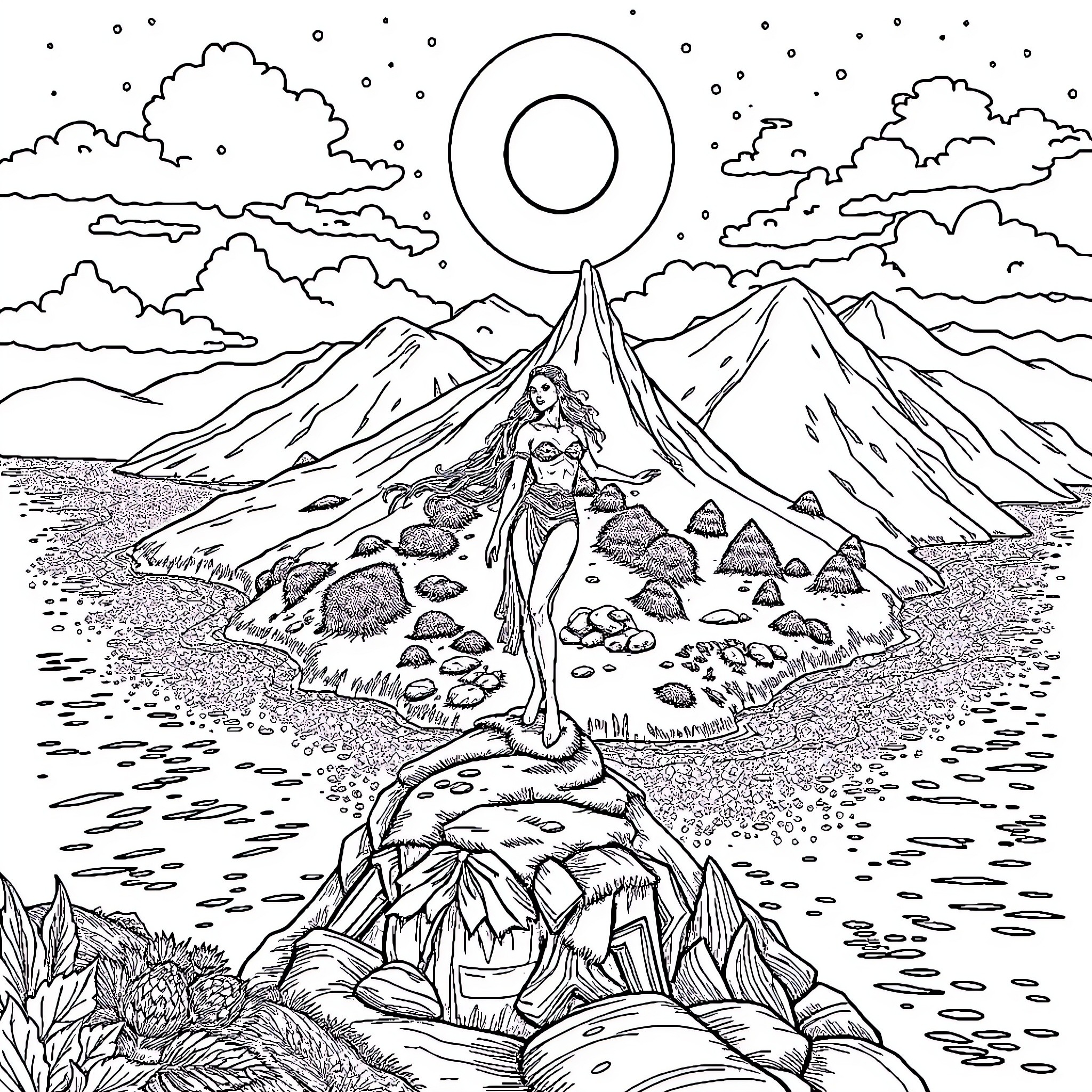 Avali warrior goddess amidst cosmic mountains and sky Coloring Page (free black-and-white line drawing printable PDF for all, from beginners to advanced learners, including children, teens, adults, and seniors)